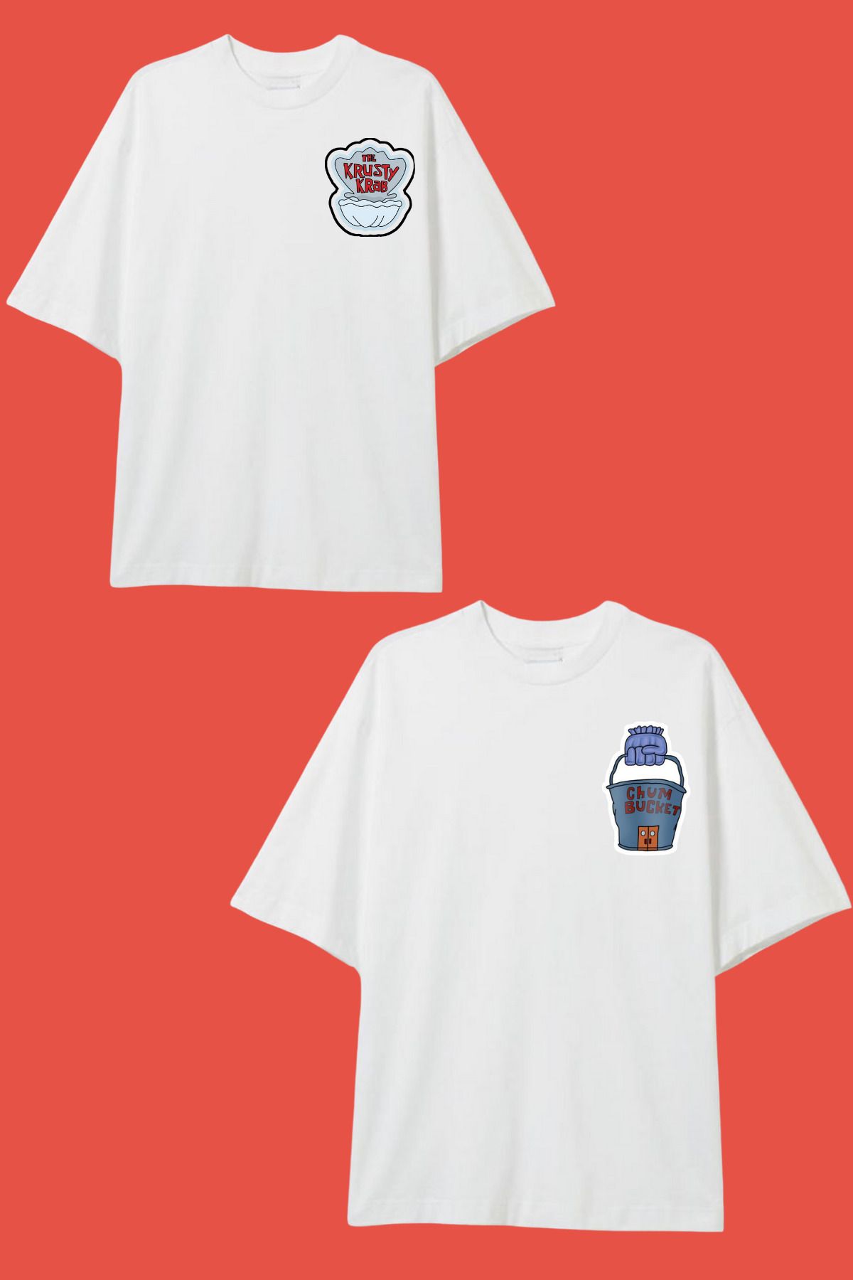 Dupe Design Chum Bucket & Crusty Crab Sünger Bob Baskılı Oversize Çift T-shirt