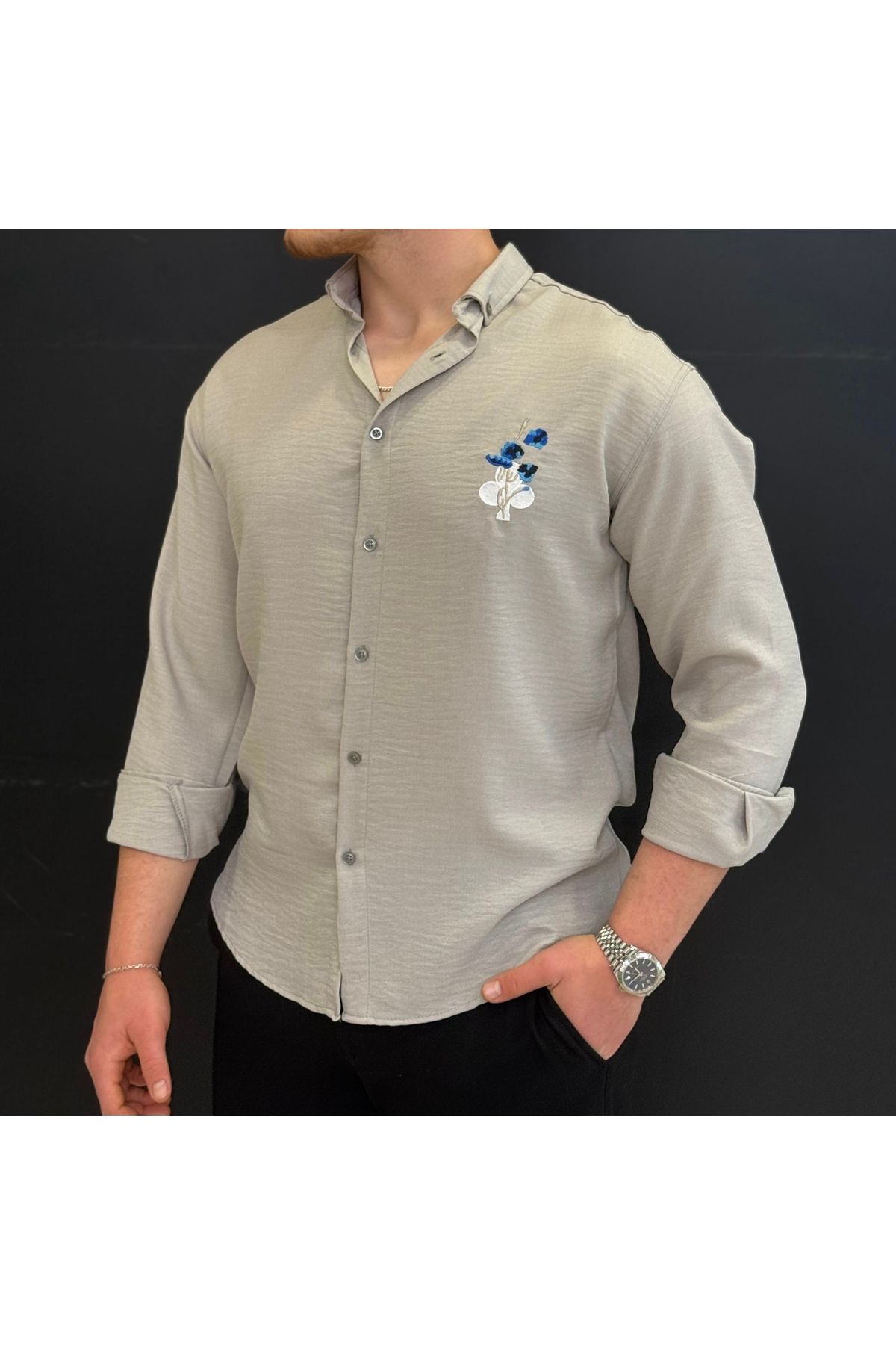Alpha star Ütü gerektirmez nakış detaylı keten oversize gömlek