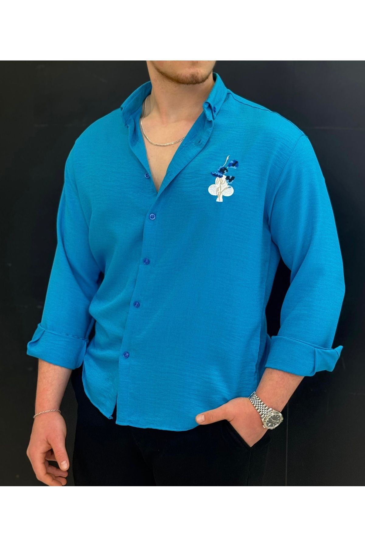 Alpha star Ütü gerektirmez nakış detaylı keten oversize gömlek
