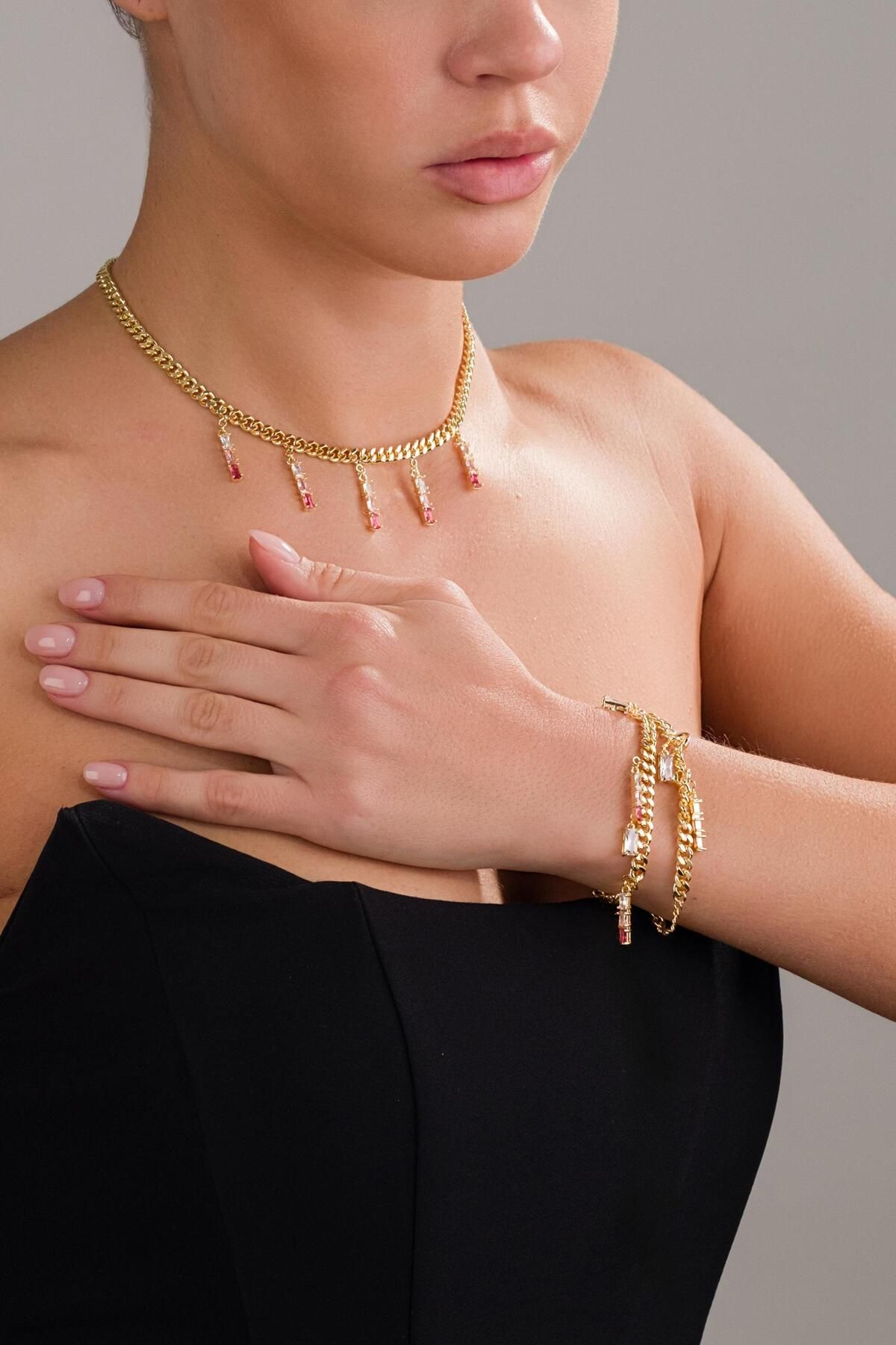 STYLE OF CARMEN PEMBE ZİRKON TAŞLI KOLYE VE BİLEKLİK SETİ HALHAL OLARAK KULLANILABİLEN