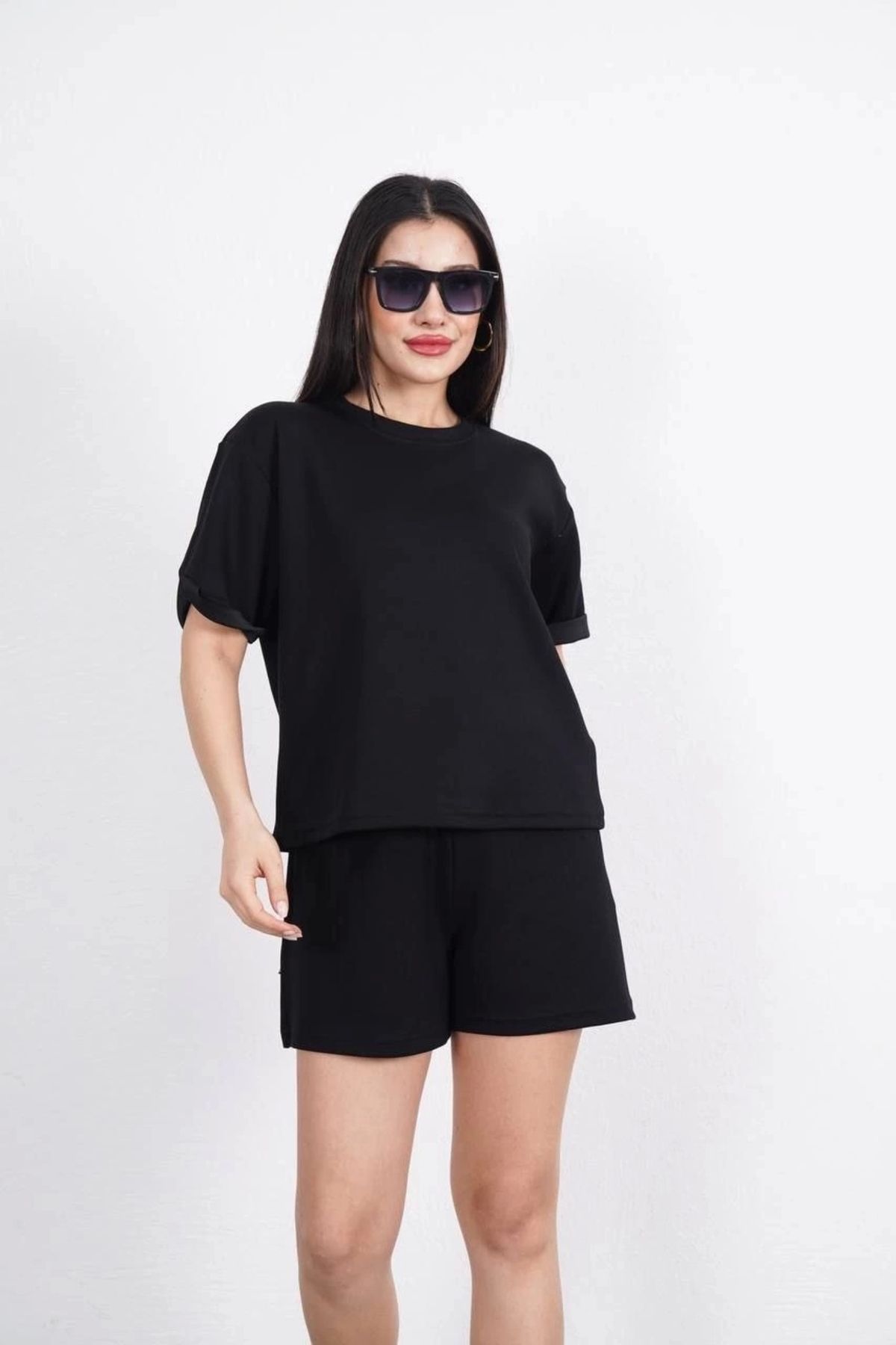 MODA Modal yumuşak dokulu Kumaş Kadın Bisiklet Yaka T-shirt Kısa Şort İkili Takım - Siyah