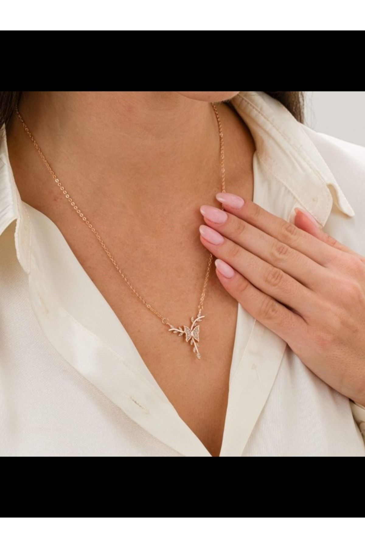 FT Tasarım Zirkon Taşlı Kelebek Tasarım Rose-Gold Kararmaz Kaplama Kolye