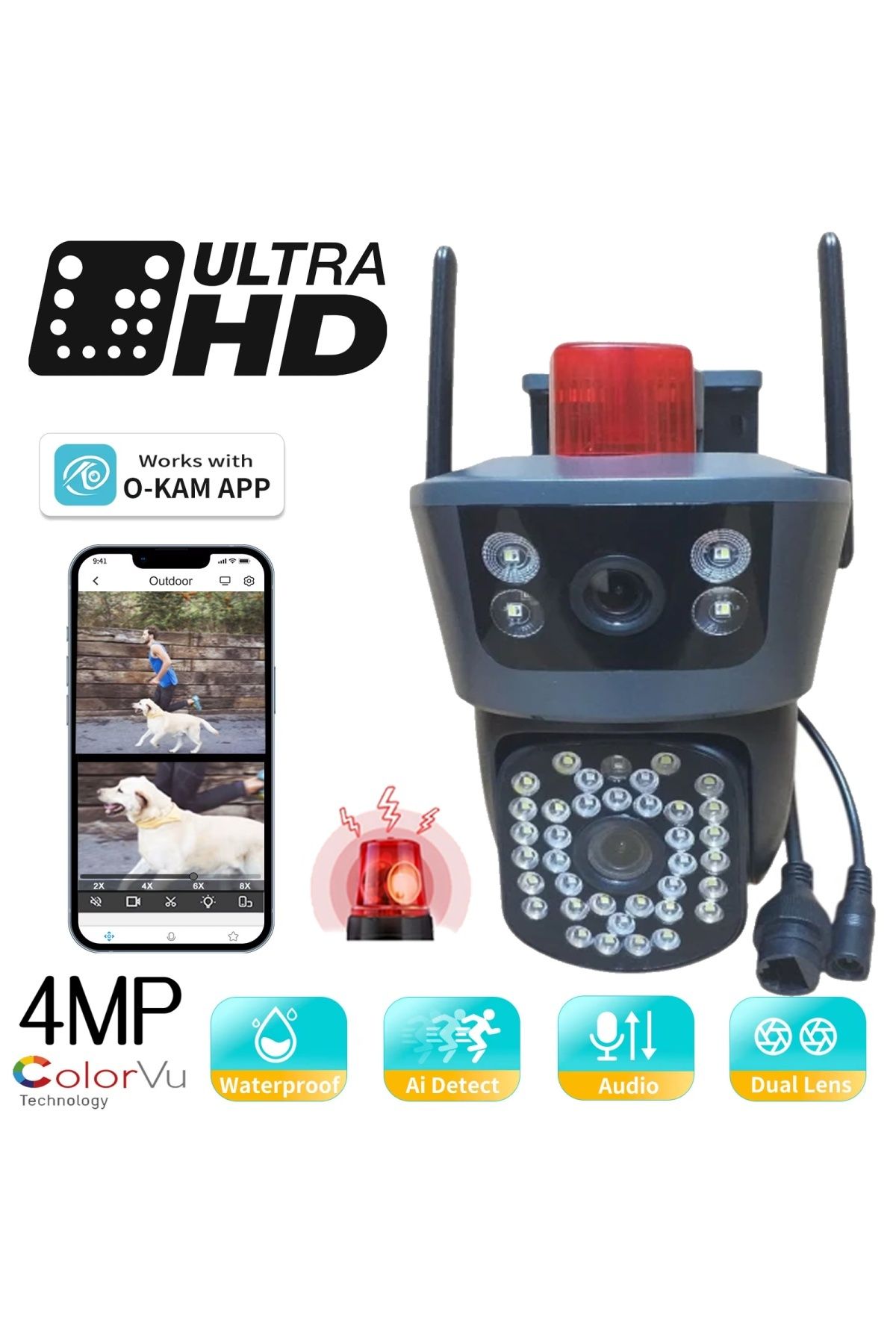 jetucuzal O-KAM PRO APP WBP346 4MP SİREN ALARM Çift Kamera PTZ Kablosuz Wifi IP Sesli Kamera