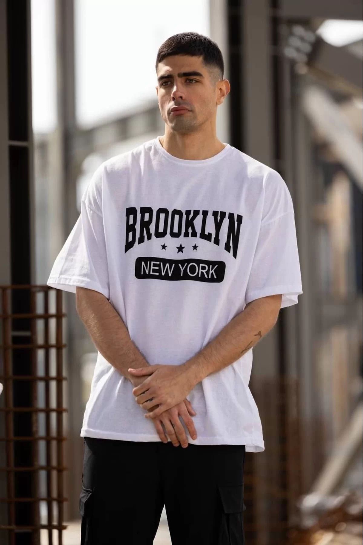 İndigo Park Erkek tişört Unisex Bisiklet Yaka Baskılı Oversize T-Shirt - Beyaz