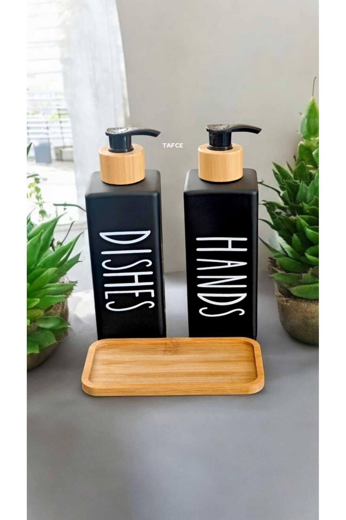 tafce 2’li Siyah Dekoratif Mutfak Banyo Sıvı Cam Sabunluk Seti 500 ml Bambu Stantlı Set