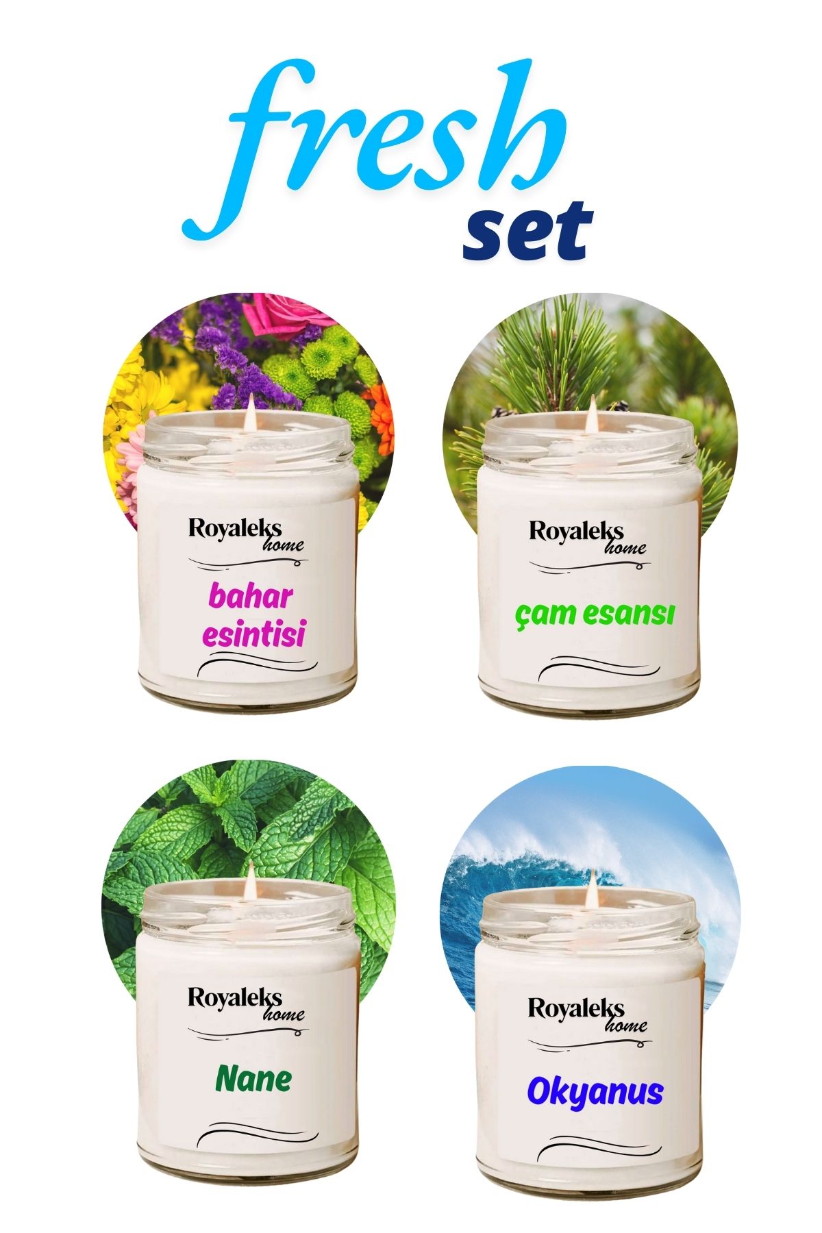 Royaleks 4 Adet Doğal Özel Seri Kokulu Dekoratif Kavanoz Mum 4X210 cc - Fresh Set - RYL