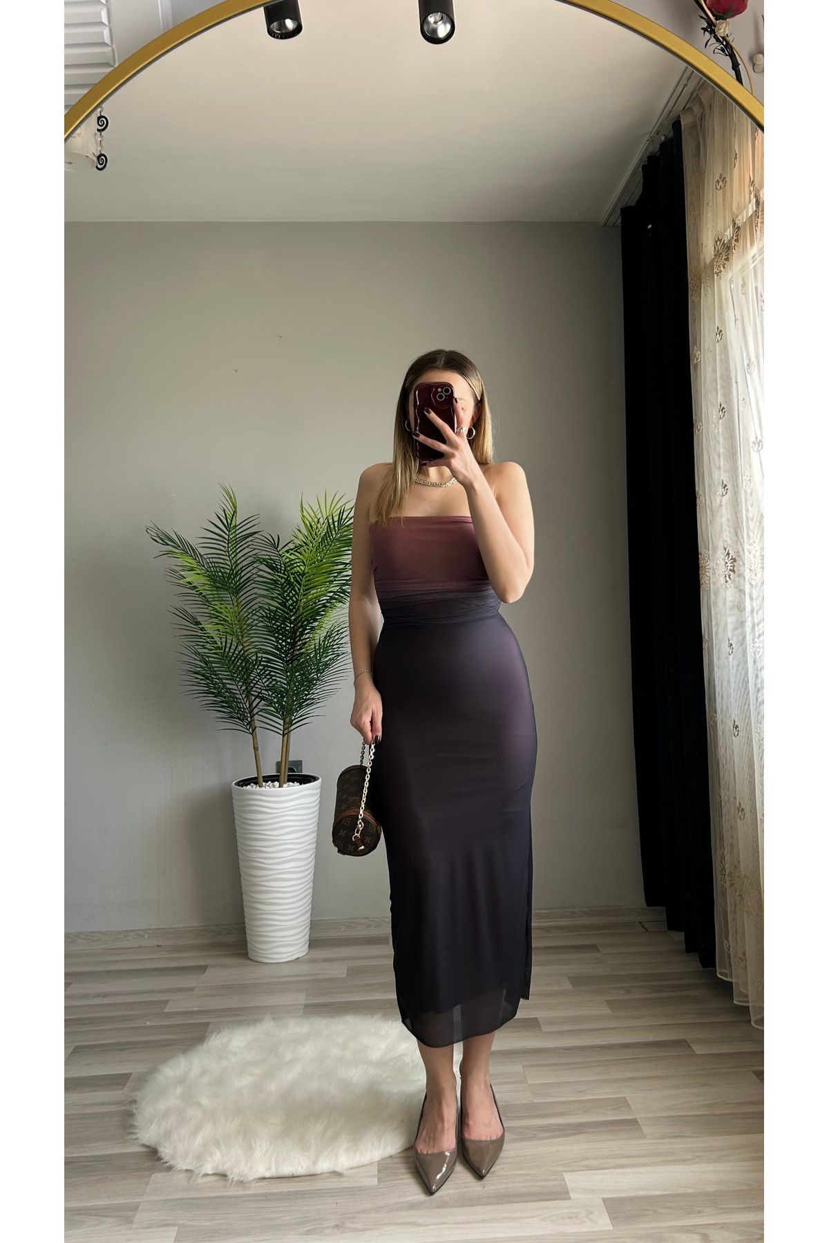ensbutik Renk Geçişli Straplez Midi Elbise