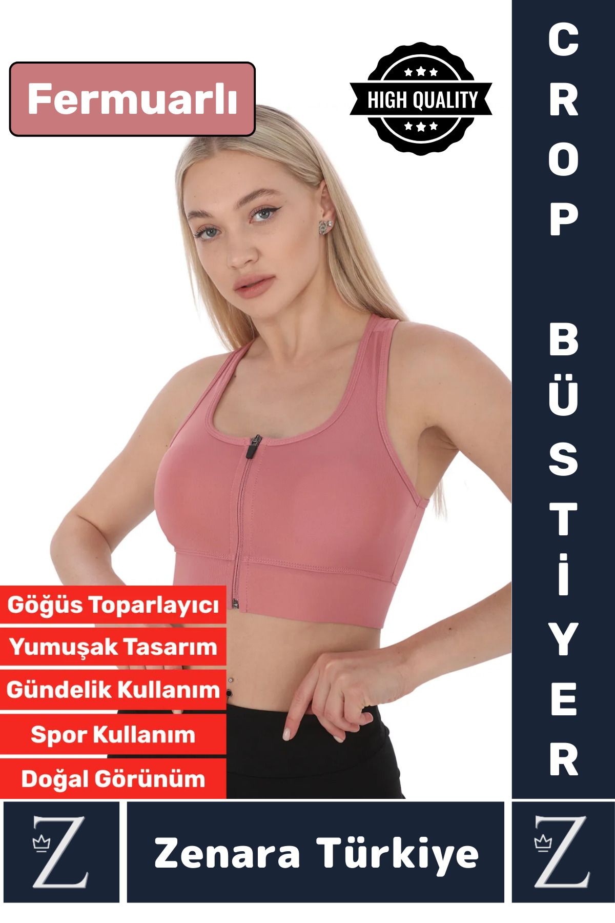 Zenara Yüksek Kaliteli Sarkma Önleyen Göğüs Toparlayıcı Spor Gündelik Kullanım Fermuarlı Şık Crop Büstiyer