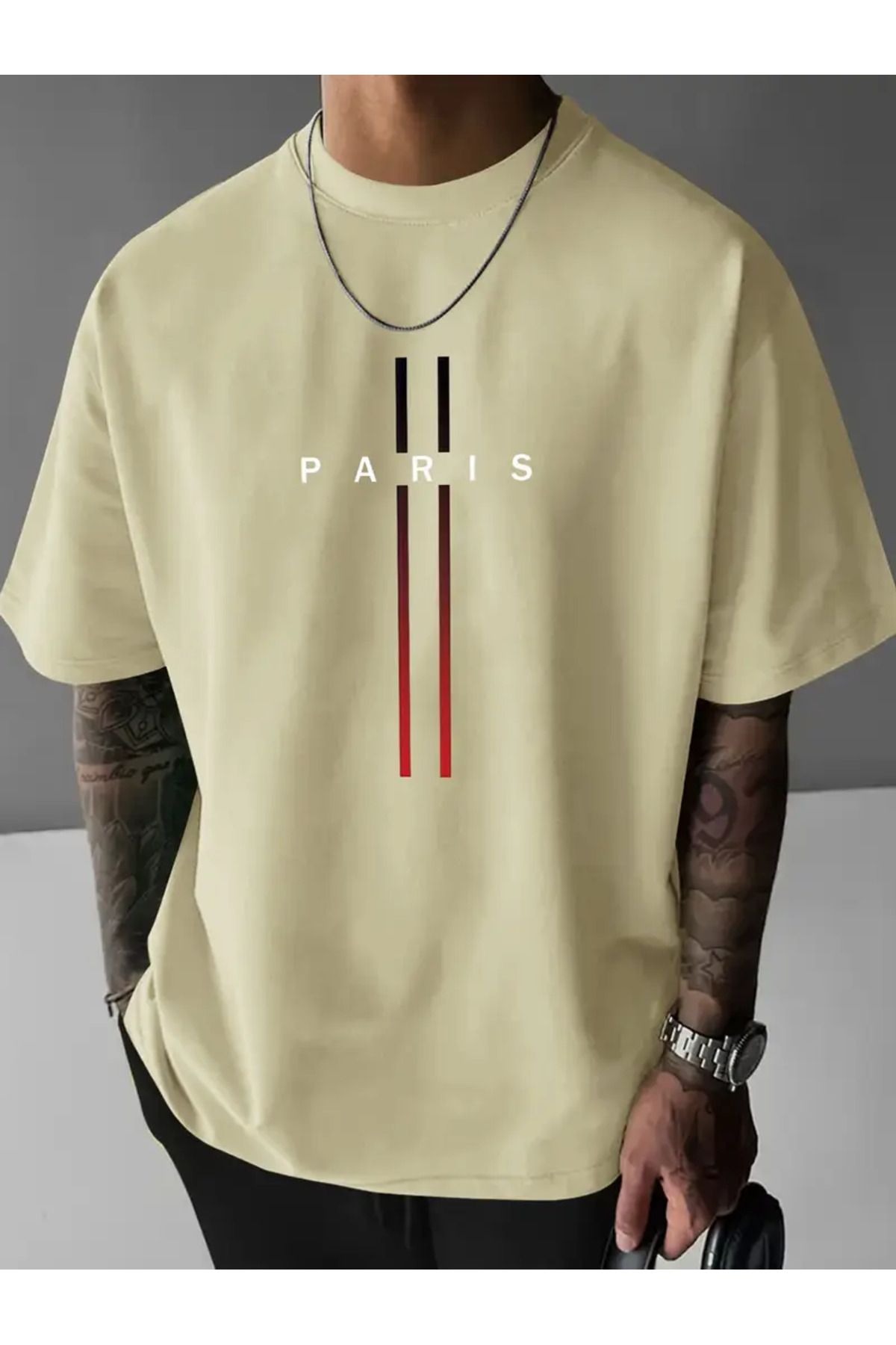 LAND MODA Erkek Trendy Bol Fit Yuvarlak Yaka T-Shirt - Paris Harf Baskılı Rahat Yaz Kısa Kollu
