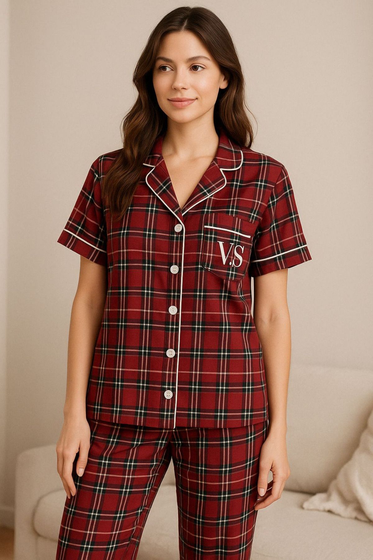 FENZO Kadın Bordo Kareli Pamuklu Viskon Pijama Takımı Kısa Kollu Üst Uzun Pijama Alt Rahat Homewear