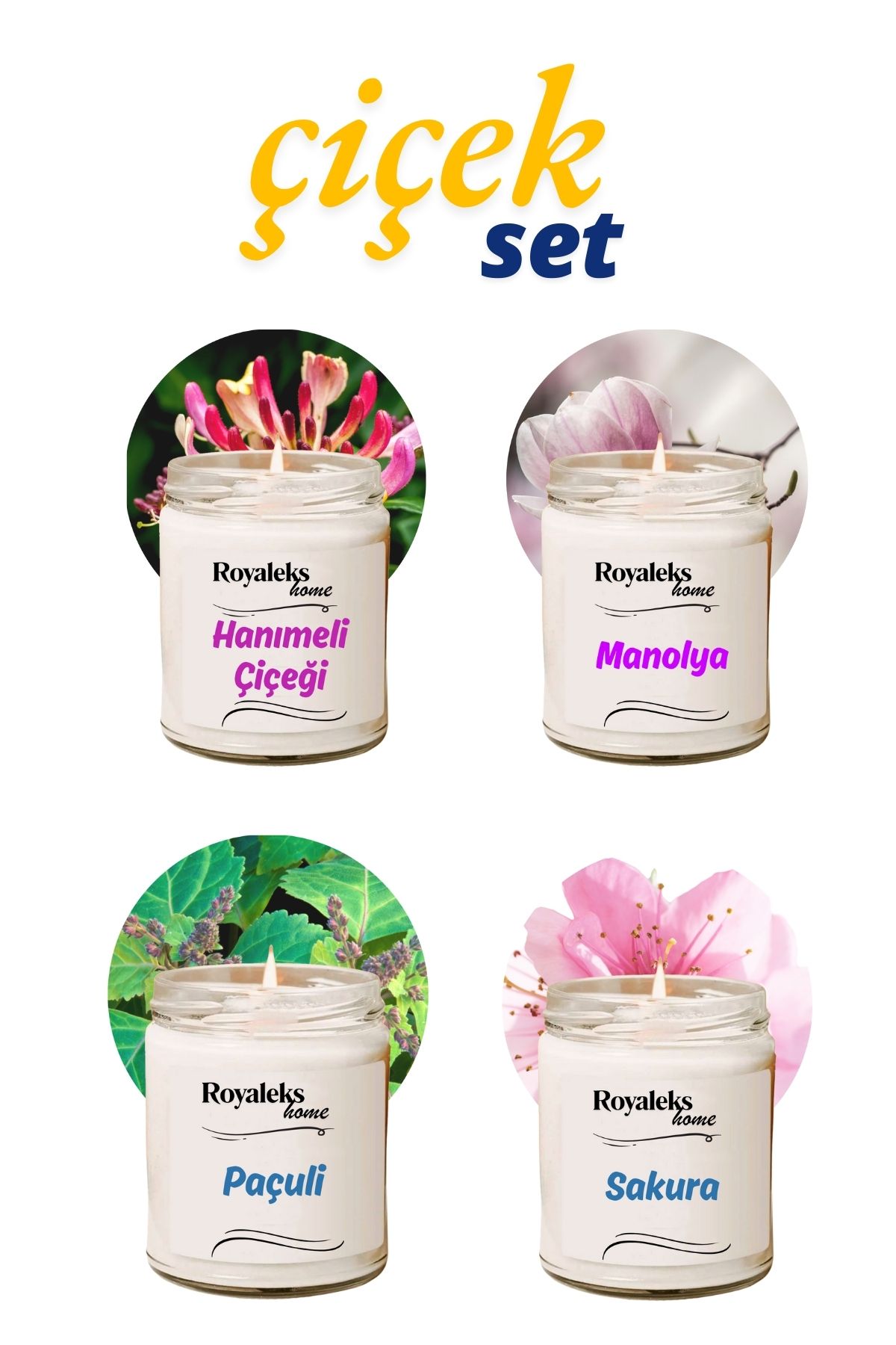 Royaleks 4 Adet Doğal Özel Seri Kokulu Dekoratif Kavanoz Mum 4X210 cc - Çiçek Seti - RYL