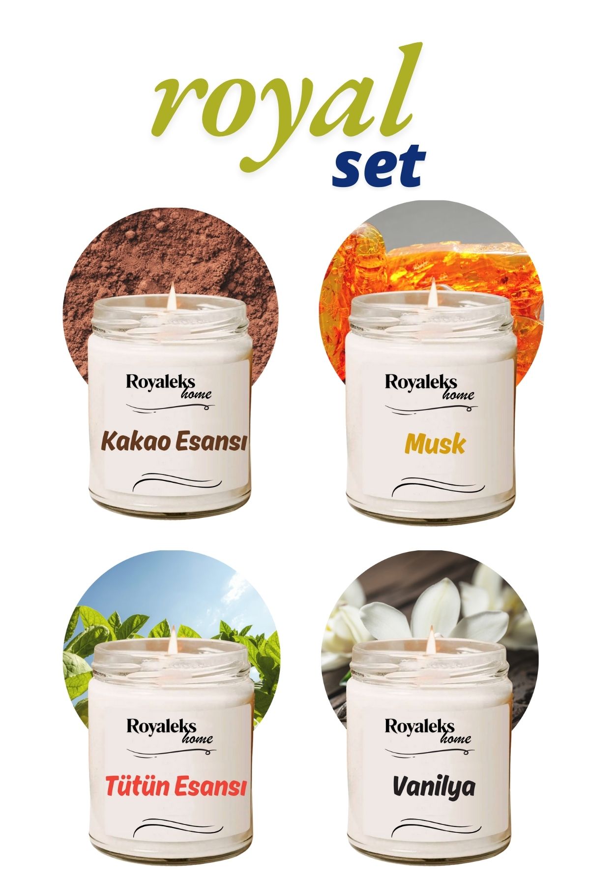 Royaleks 4 Adet Doğal Özel Seri Kokulu Dekoratif Kavanoz Mum 4X210 cc - Royal Set - RYL