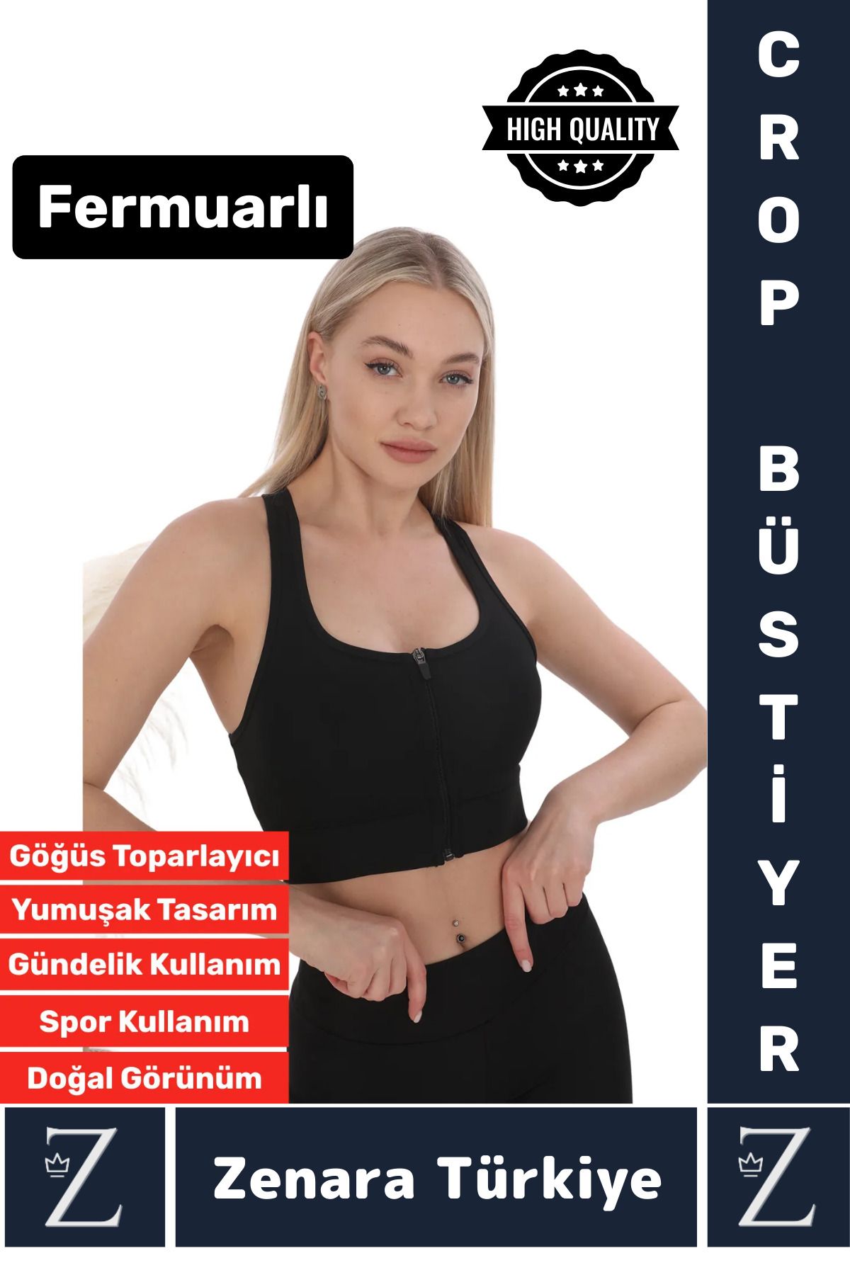 Zenara Yüksek Kaliteli Sarkma Önleyen Göğüs Toparlayıcı Spor Gündelik Kullanım Fermuarlı Şık Crop Büstiyer