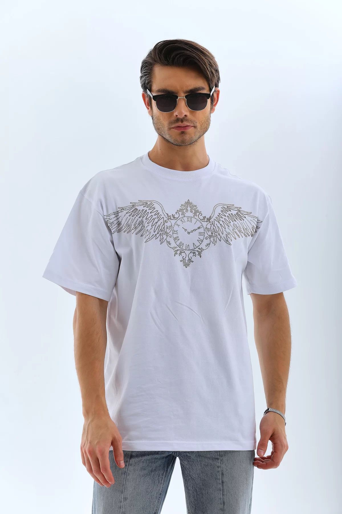 İndigo Park Erkek tişört Unisex Oversize Taşlı Bisiklet Yaka T-Shirt - Beyaz