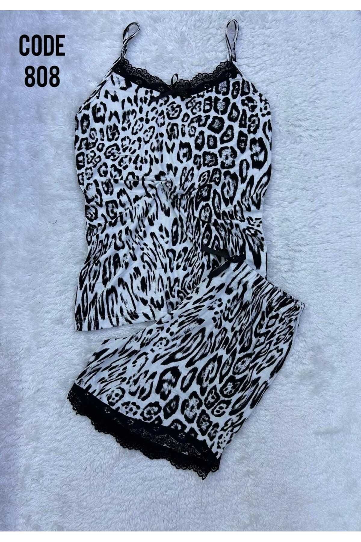 XORVİO Kadın İp Askılı Şortlu Dantel Detaylı Gecelik Desenli Yumuşacık Yazlık Modal Pijama Takım