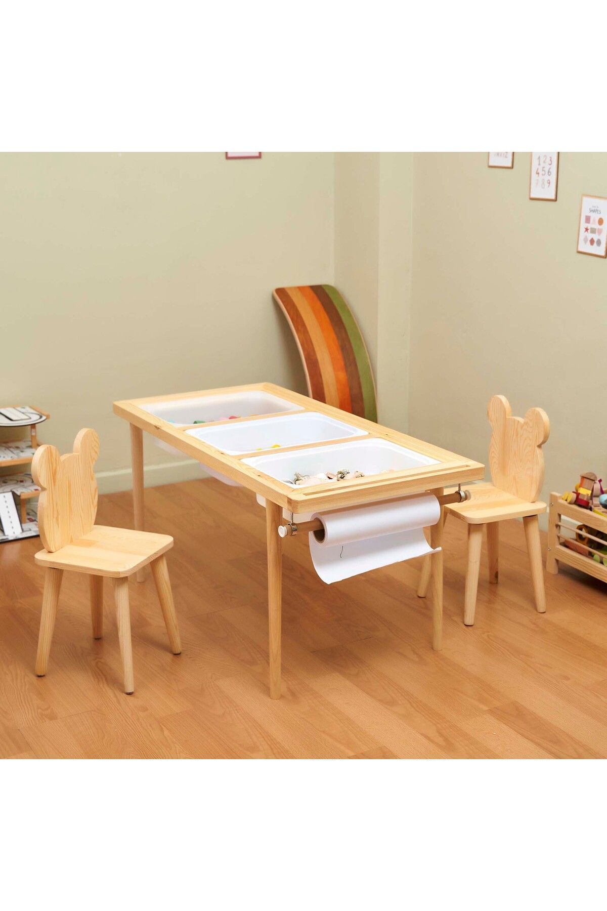 Monti Mania Montessori Çam Çocuk Aktivite Masası 3 Sepet Beyaz/kara Tahtalı Rulo Kişiselleştirilebilir 2-6 Yaş