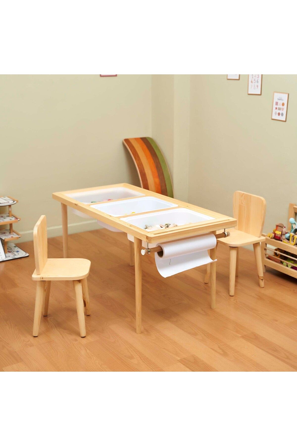 Monti Mania Montessori Çam Çocuk Aktivite Masası 3 Sepet Beyaz/kara Tahtalı Rulo Kişiselleştirilebilir 2-6 Yaş