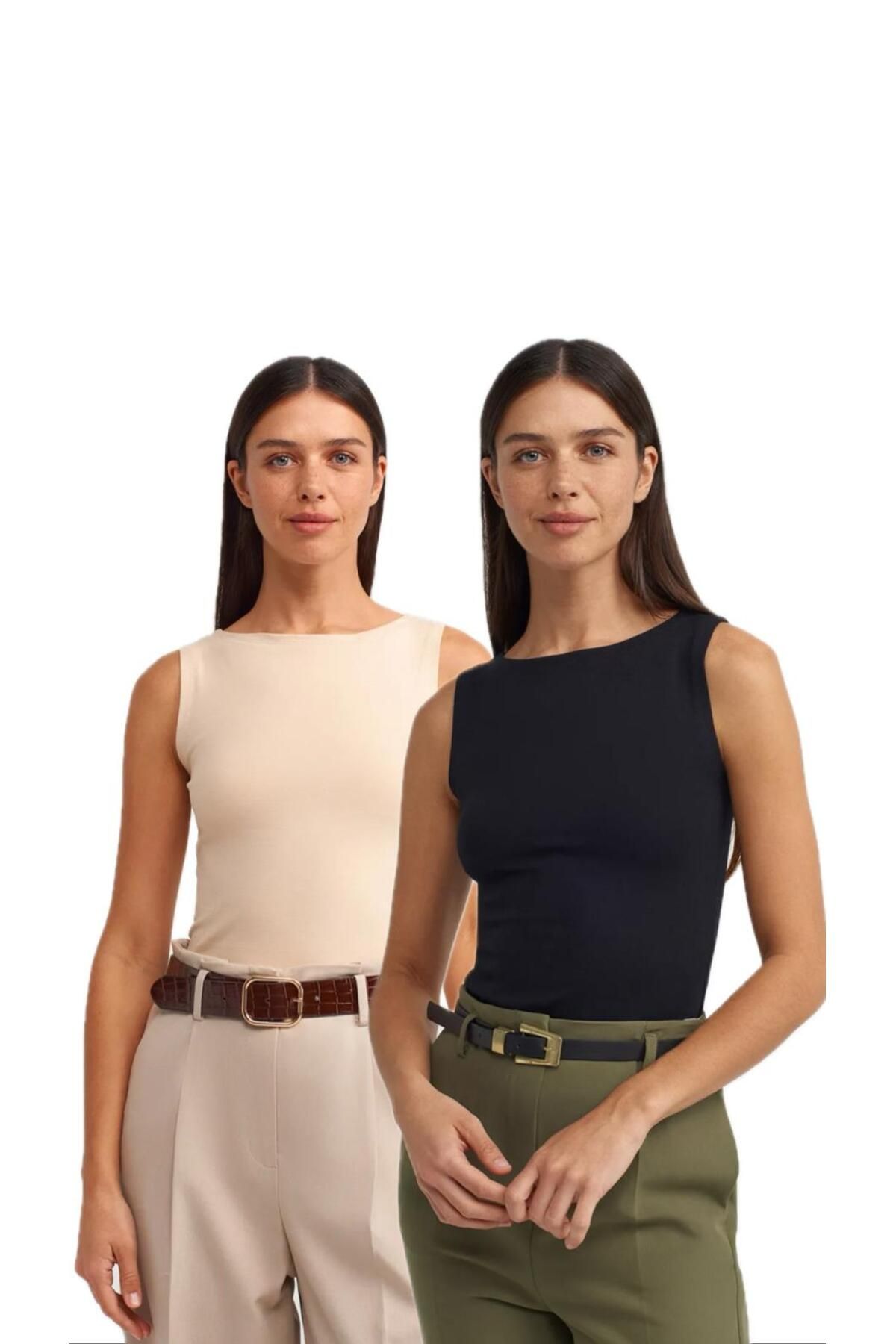 Qimono Kayık Yaka 2'li Top-Siyah Krem 00767