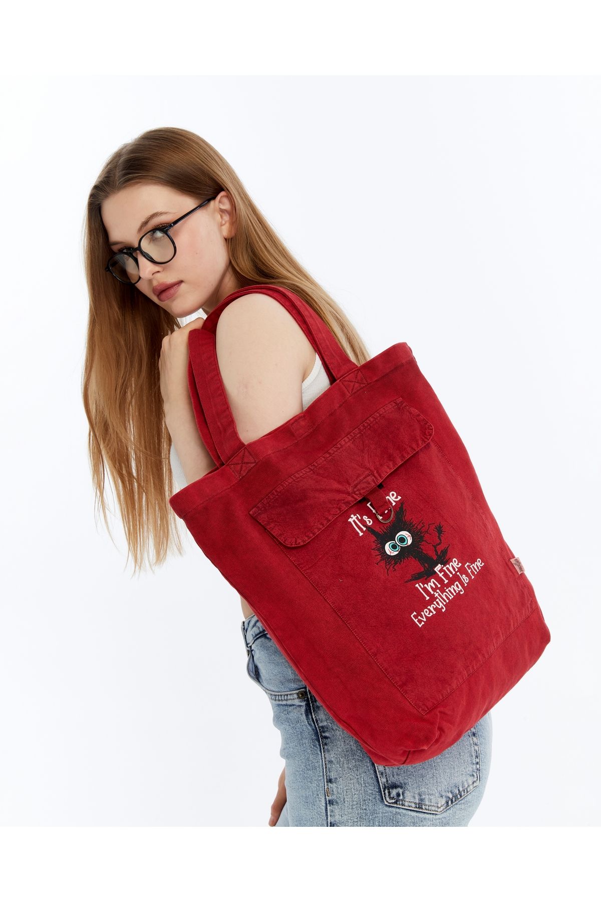 S-Ponder Her Şey Yolunda Baskılı %100 Pamuk Çıt Çıt Kapatmalı Tote Bag Bez Kol Ve Omuz Çantası