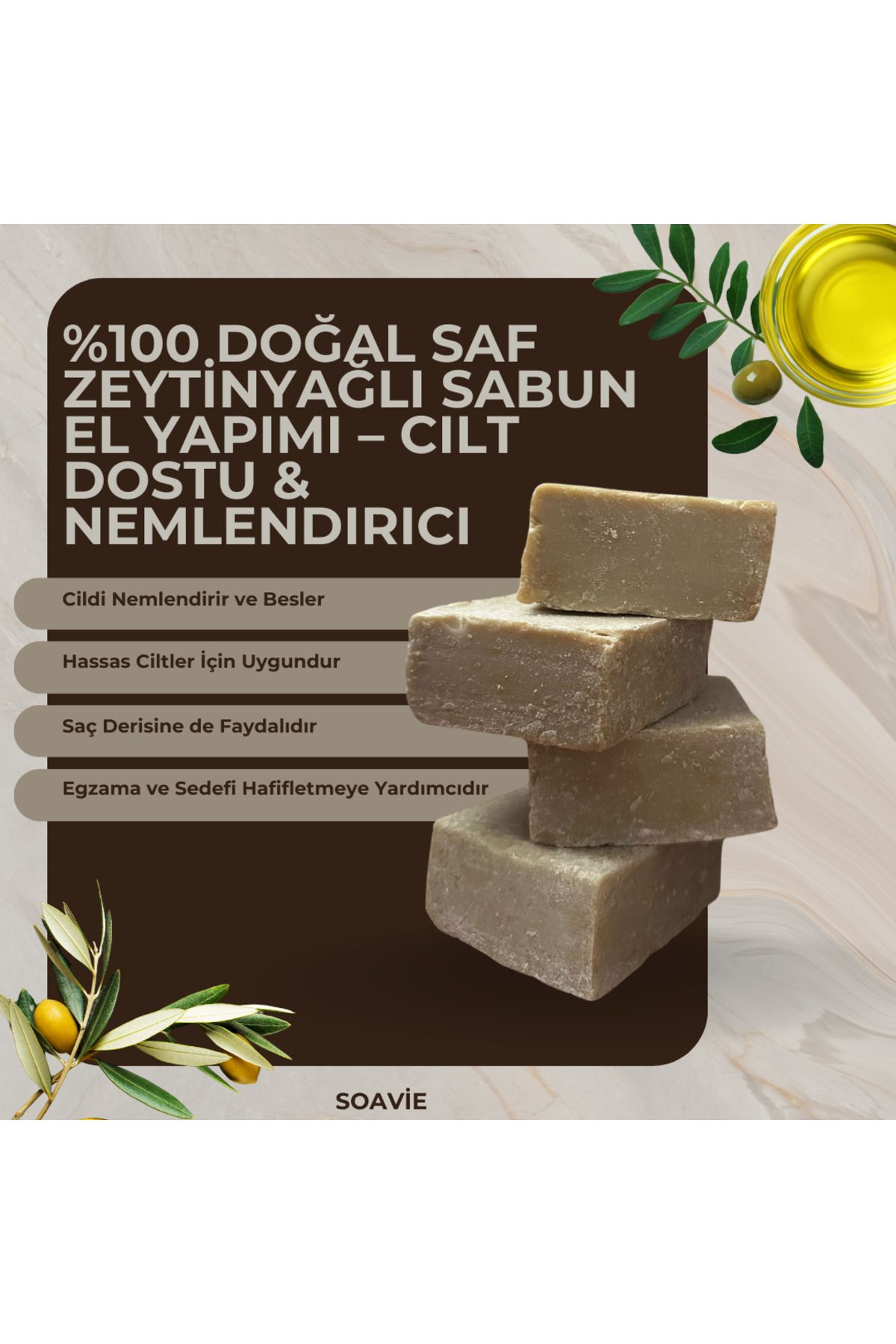 SOAVİE %100 Doğal Saf Zeytinyağlı Sabun | El Yapımı – Cilt Dostu & Nemlendirici 500gr