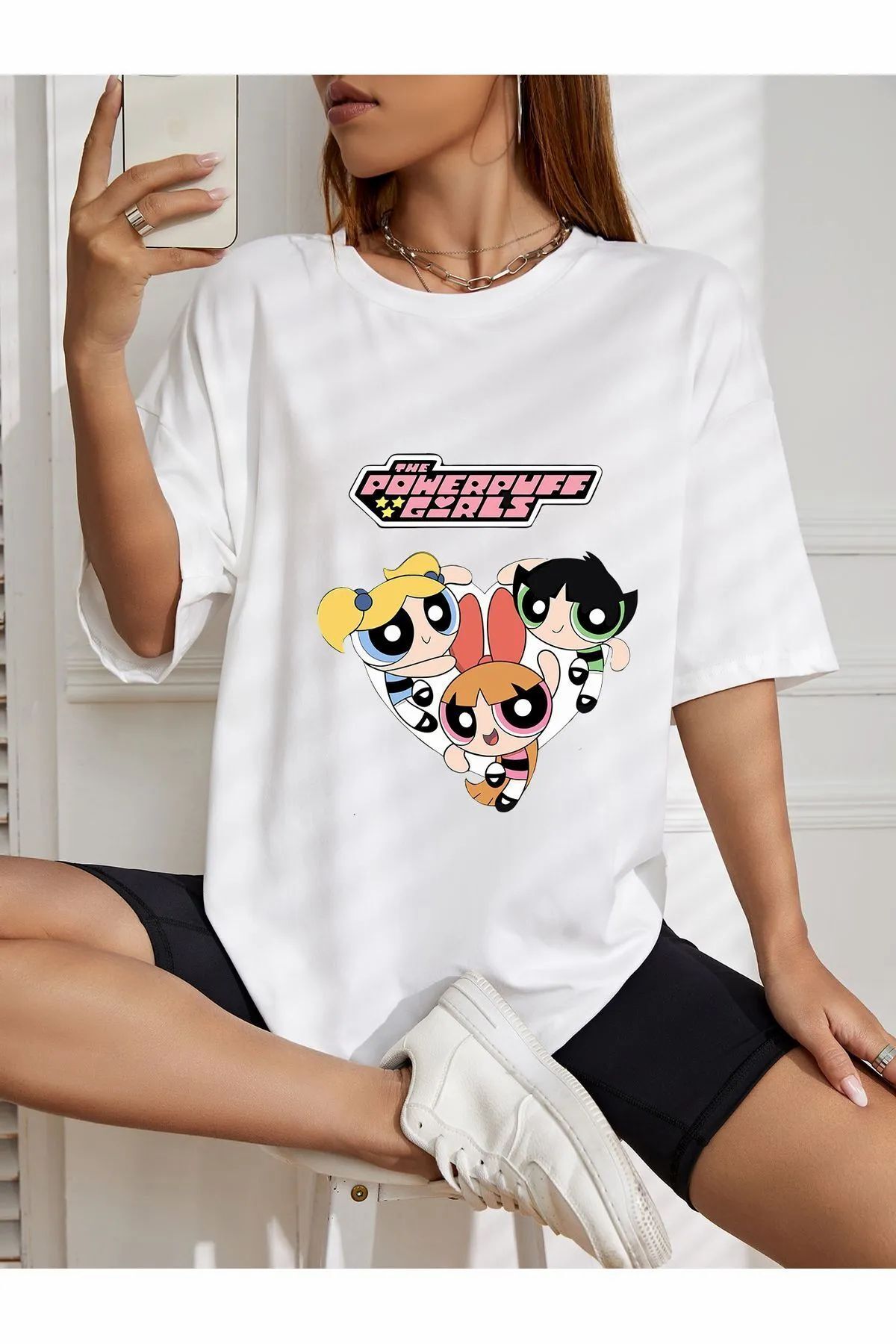 ship master oversize powerpuff girls baskılı T-shirt