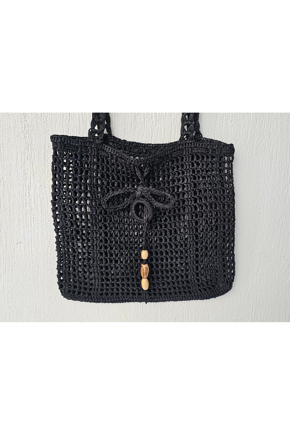 Kotans Siyah Kağıt İp Örgü Geniş Plaj Omuz Çantası Orta Boy 38 cm x 36 cm