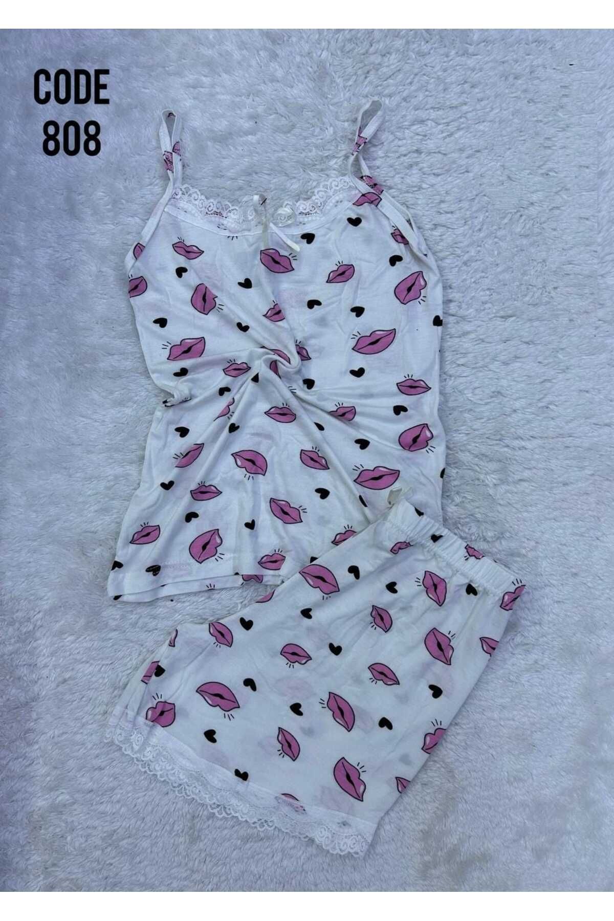 XORVİO Kadın İp Askılı Şortlu Dantel Detaylı Gecelik Desenli Yumuşacık Yazlık Modal Pijama Takım