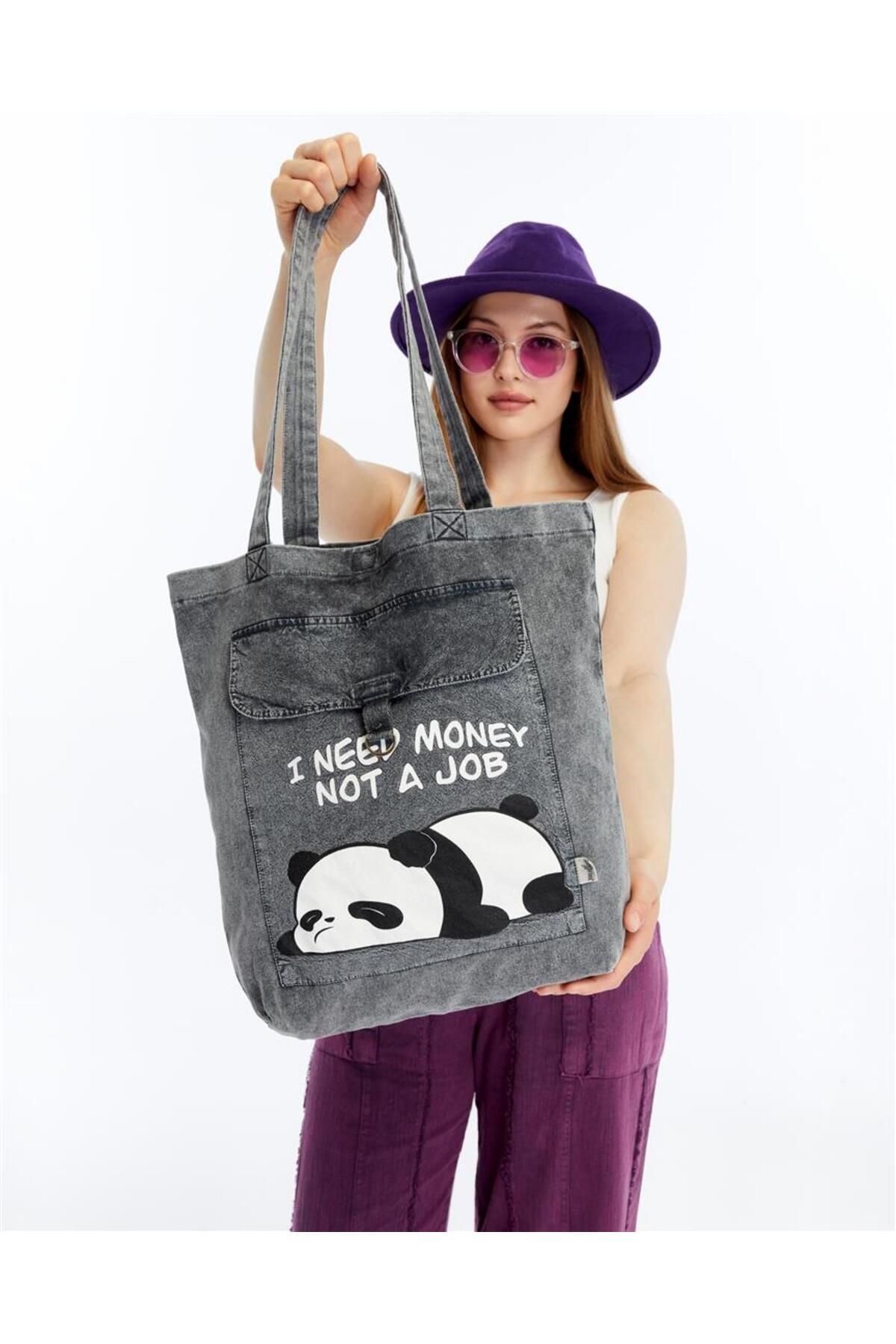 S-Ponder Tembel Panda Baskılı %100 Pamuk Çıt Çıt Kapatmalı Tote Bag Bez Kol Ve Omuz Çantası