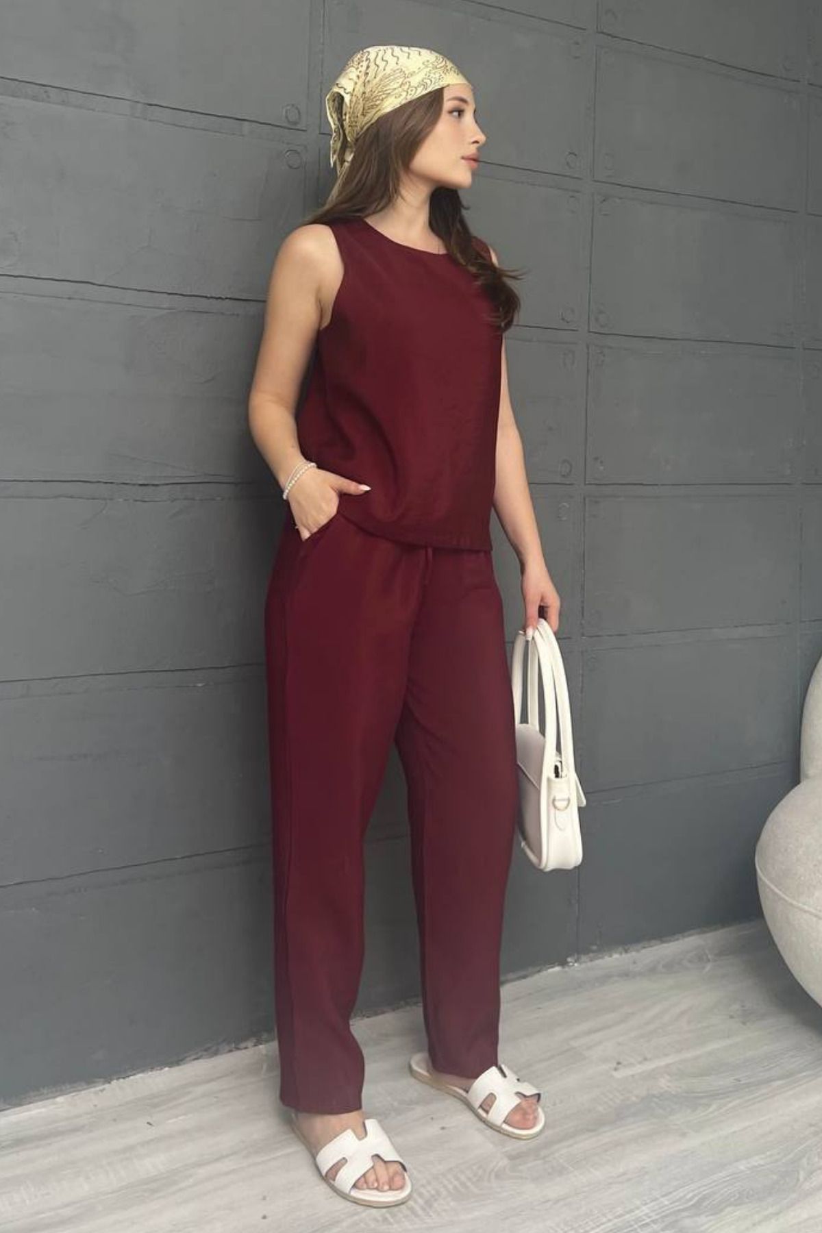 fehika Kadın Model Terletmeyen Kumaş Sıfır Kol Rahat Bluz Takım