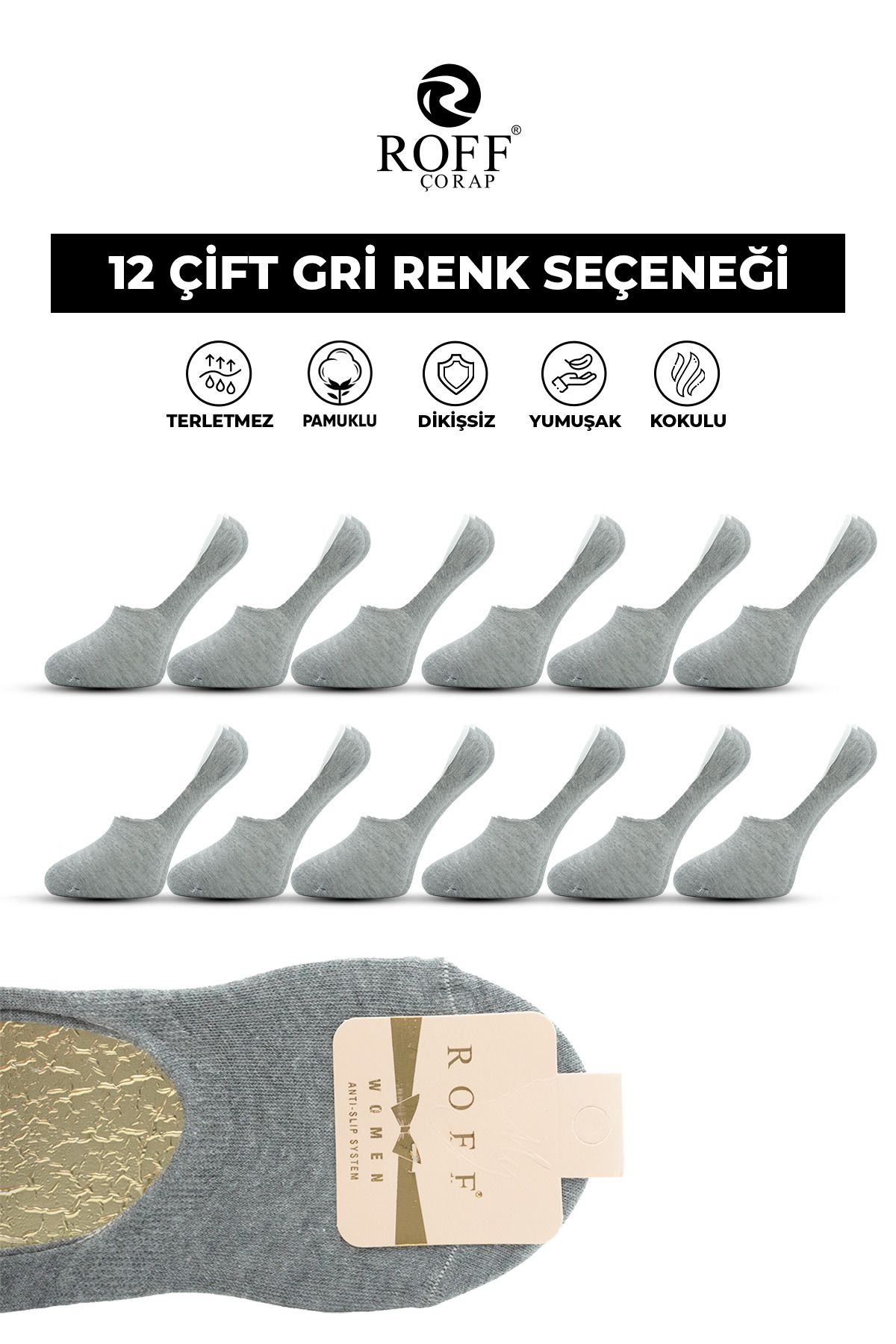 ROFF ÇORAP Kadın Kaydırmaz Silikonlu Babet Çorap 12'li