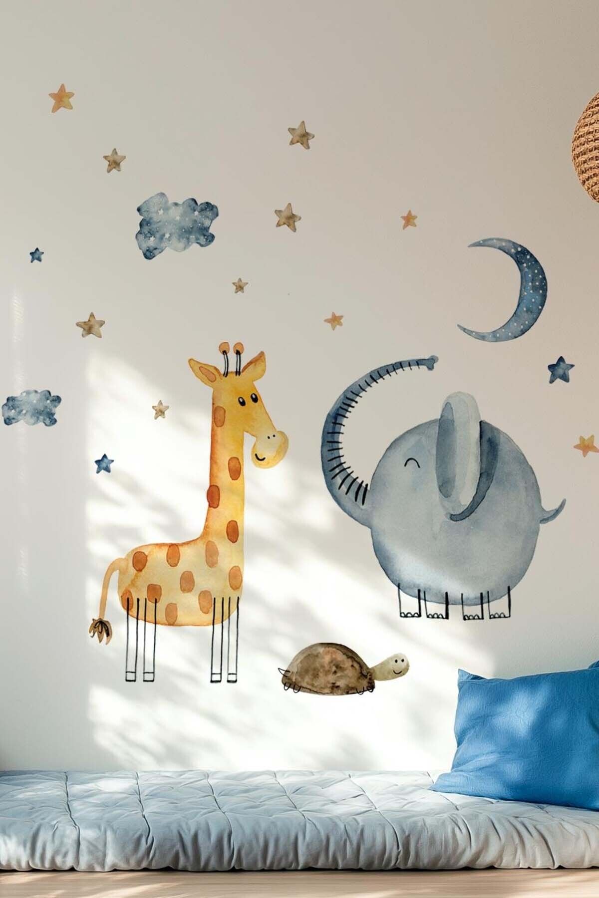 KT Decor Sevimli Fil Zürafa Kaktüsler Bulutlar Ve Yıldızlar Pastel Renk Çocuk Odası Duvar Sticker Seti
