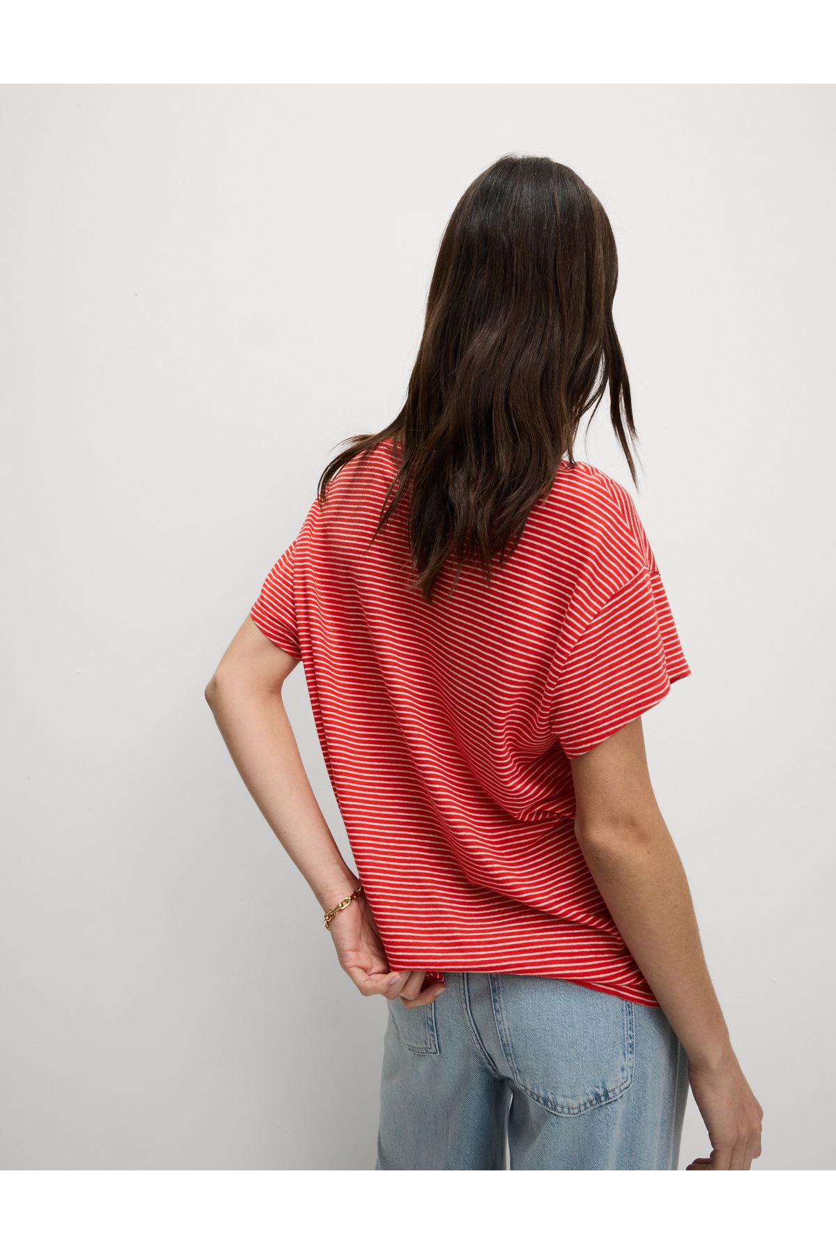 Marks & Spencer Keten Karışımlı Çizgili V Yaka T-shirt