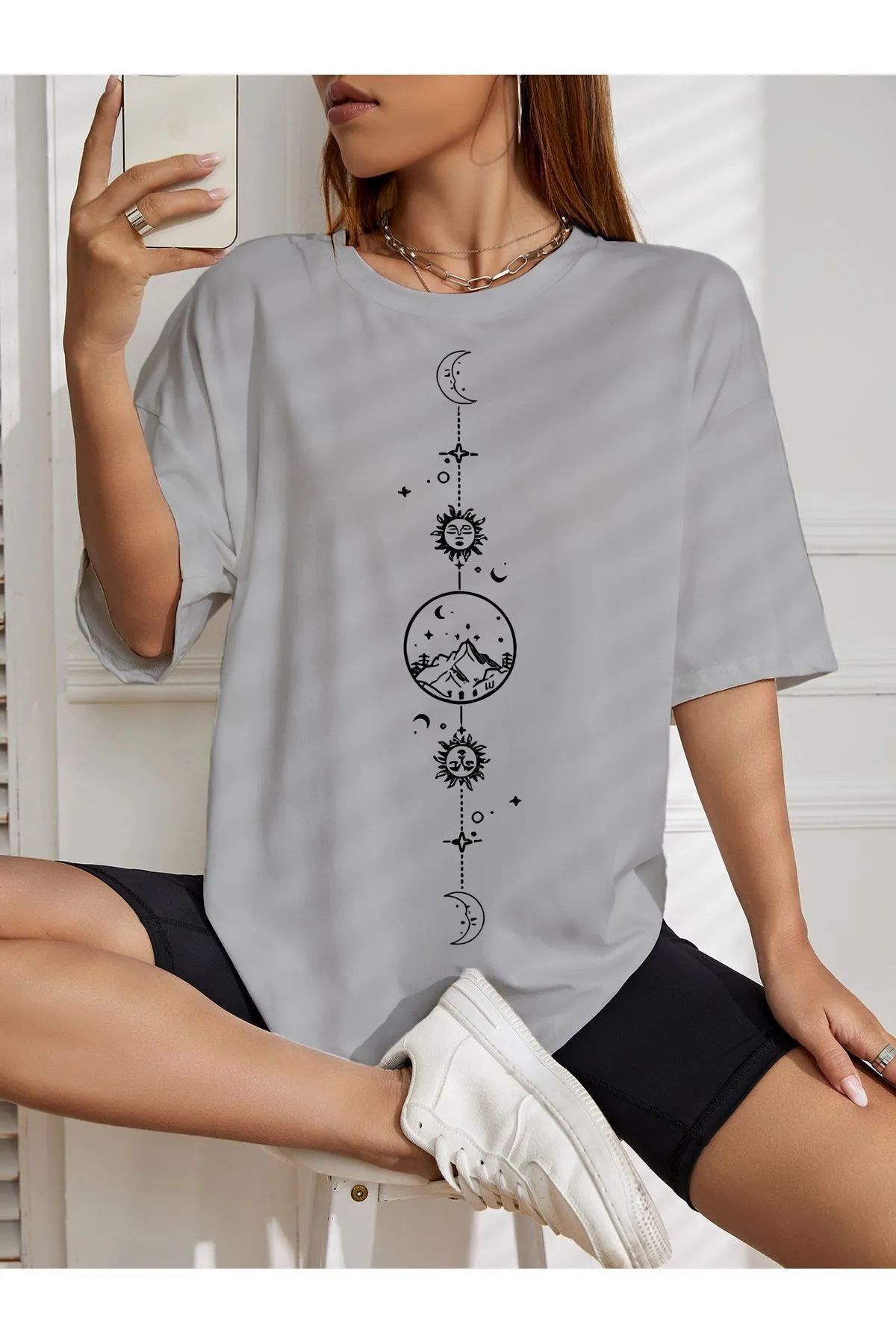ship master oversize ay güneş baskılı T-shirt