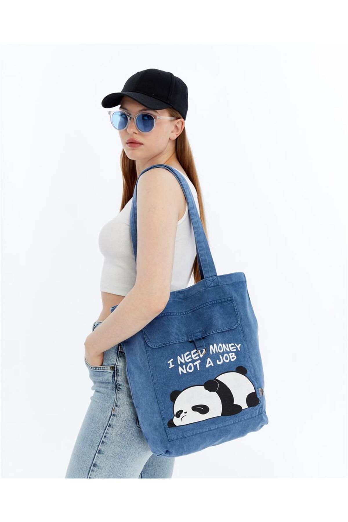 S-Ponder Tembel Panda Baskılı %100 Pamuk Çıt Çıt Kapatmalı Tote Bag Bez Kol Ve Omuz Çantası