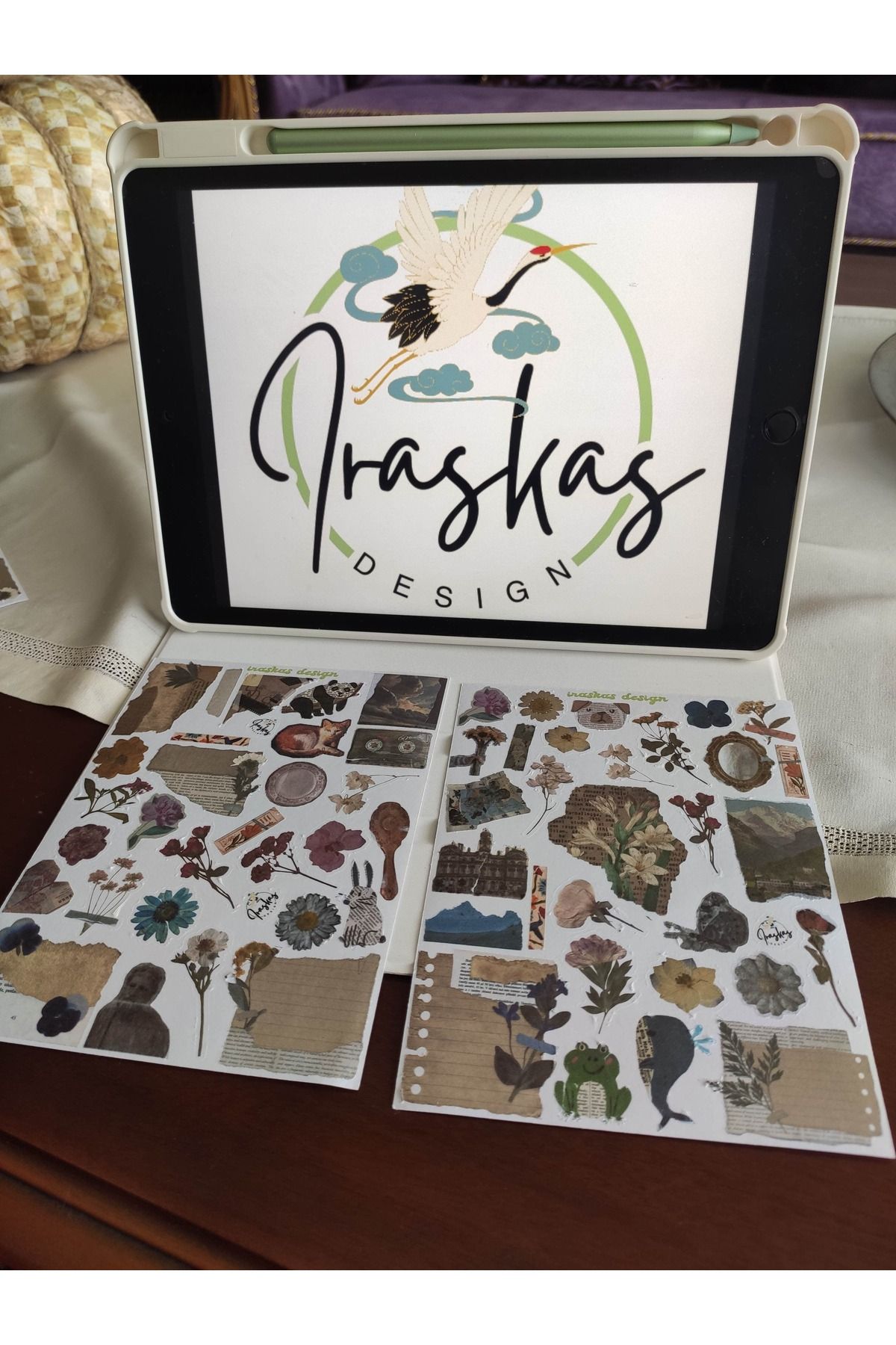 iraskas design Vintage Scrapbook Sticker Seti | Japon Yarı Saydam Kağıt | 2'li A5 Çıkartma | Ajanda, Defter, Hediye