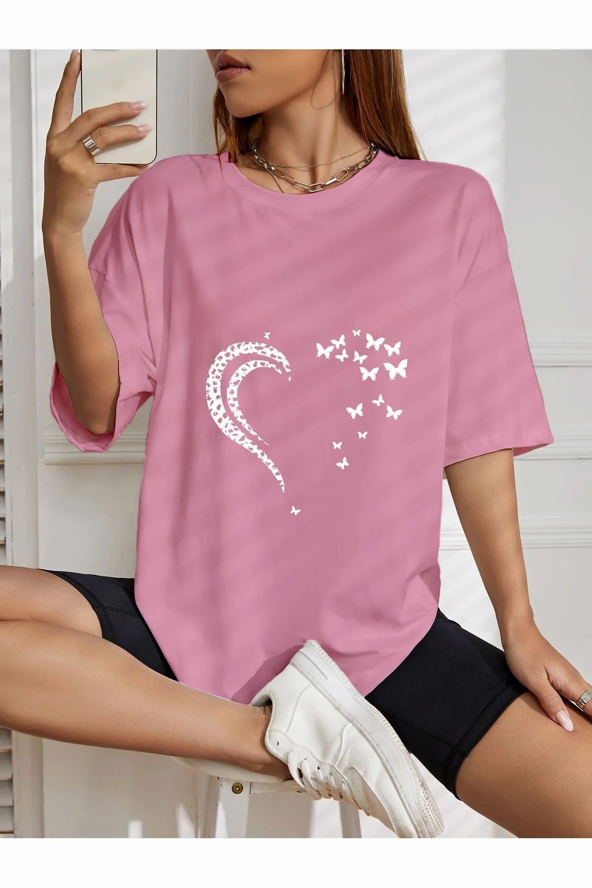 ship master oversize kelebekli kalp baskılı T-shirt