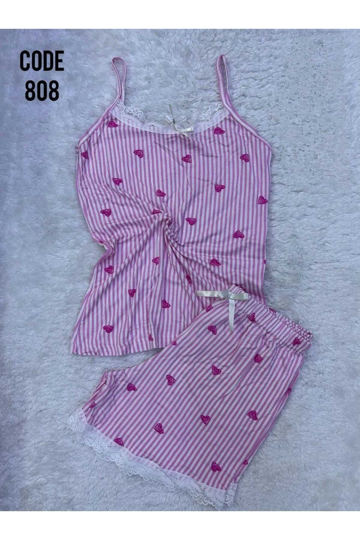 XORVİO Kadın İp Askılı Şortlu Dantel Detaylı Gecelik Desenli Yumuşacık Yazlık Modal Pijama Takım