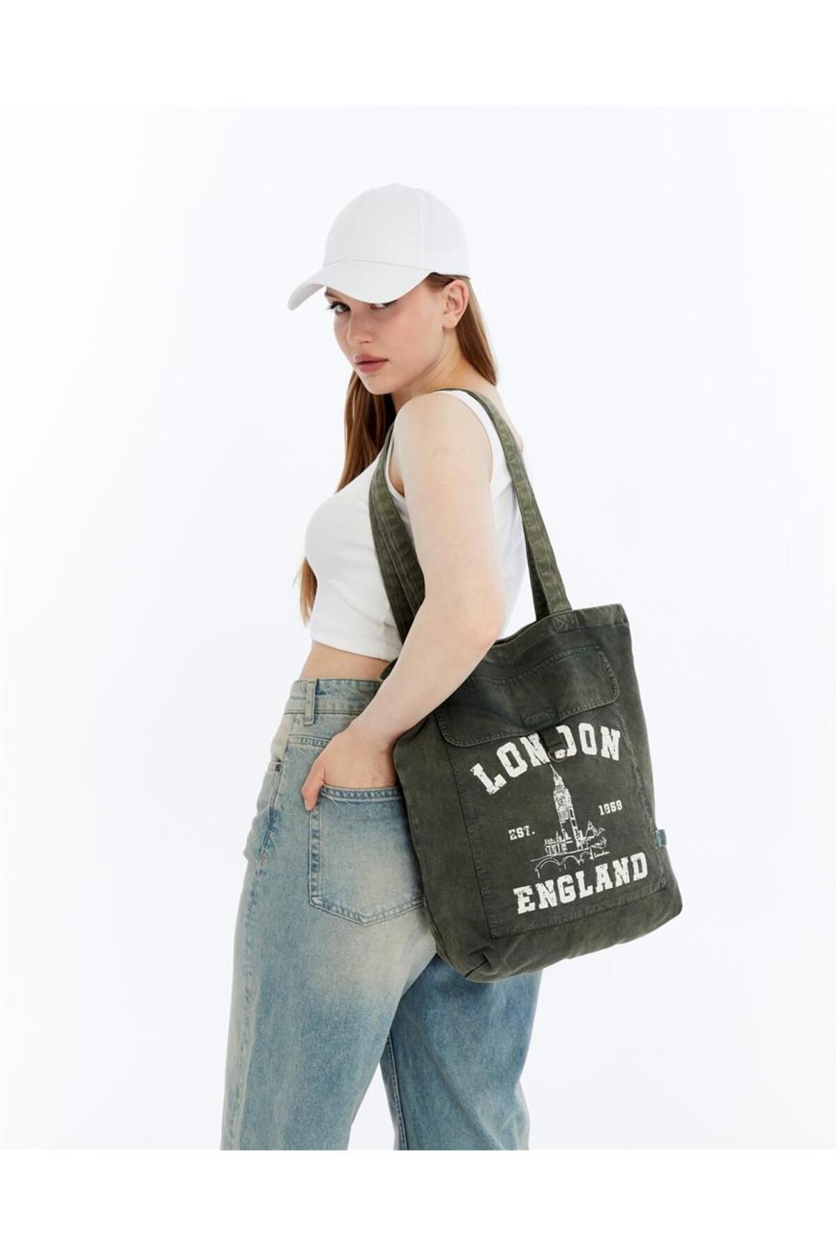 S-Ponder England London Baskılı %100 Pamuk Çıt Çıt Kapatmalı Tote Bag Bez Kol Ve Omuz Çantası