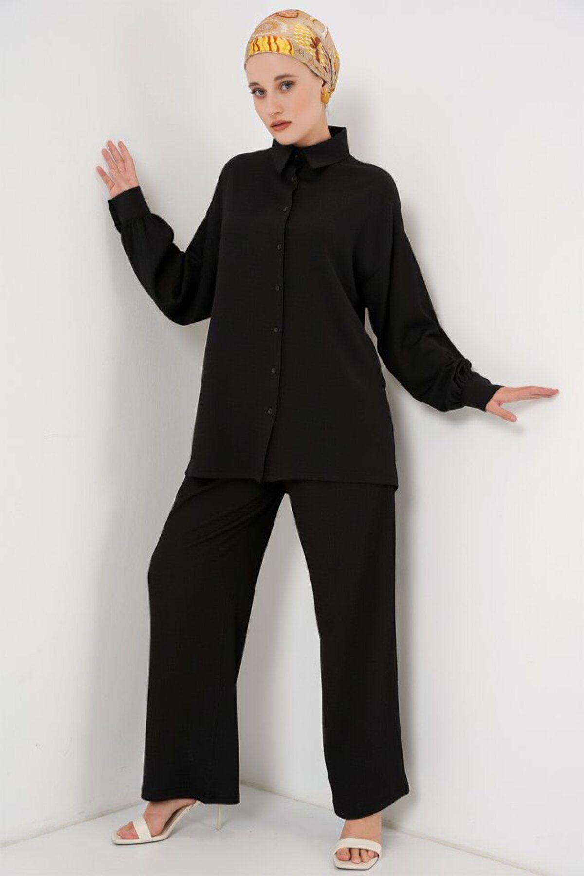 leyla sanat sanata yeni bir bakış açısı-Leyla Sanat Sanata a New Perspective Knitted Hijab Bottom Top Set 6711 - Black 3