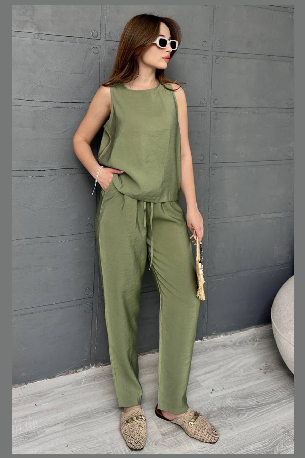 fehika Kadın Model Terletmeyen Kumaş Sıfır Kol Rahat Bluz Takım