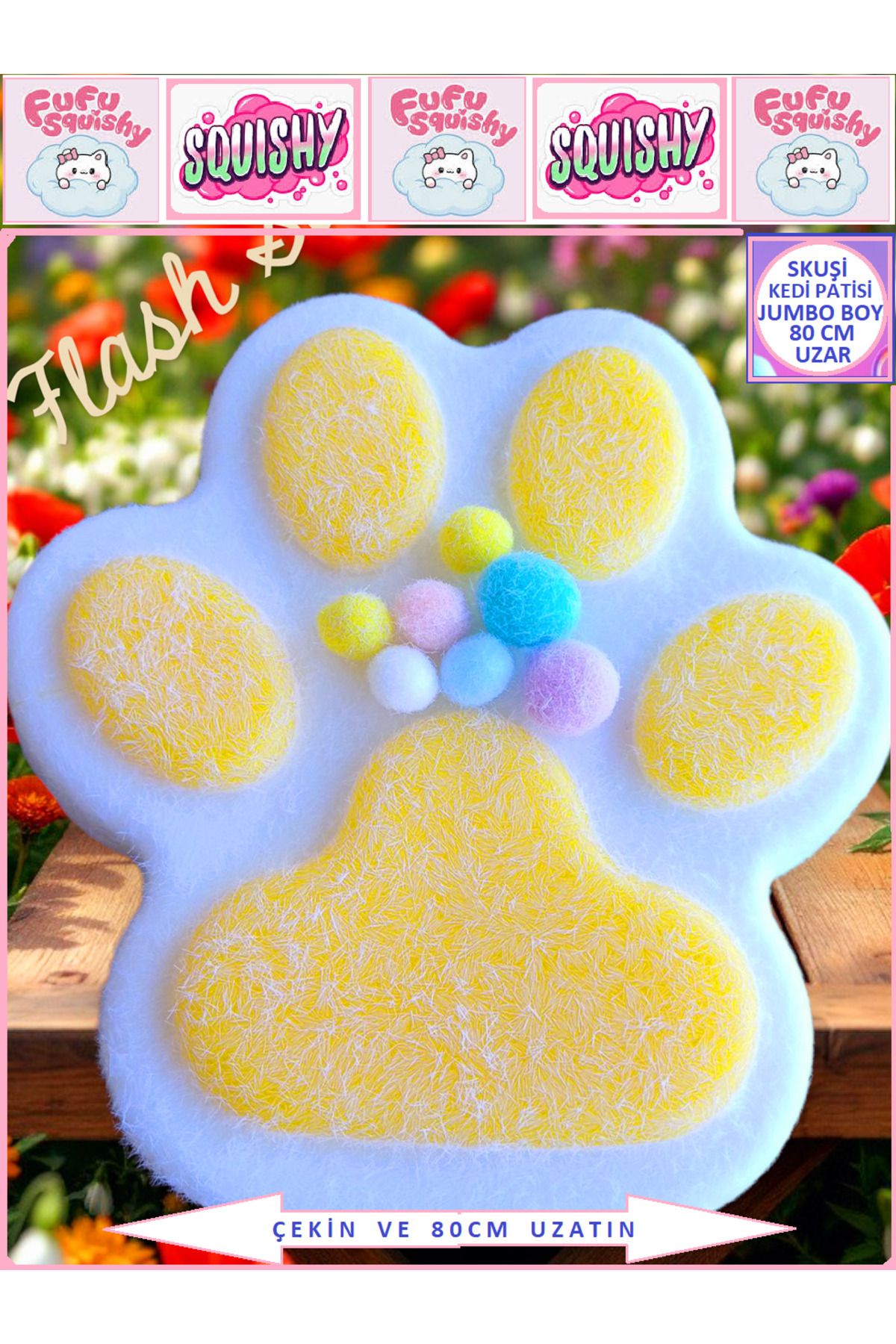 OYUNCAKSAHİLİ Fufu Squishy Jumbo XL Kedi Patisi Tüylü Sukuşi Oyuncak Pati Esnek 80cm Uzar Büyükboy Sarı