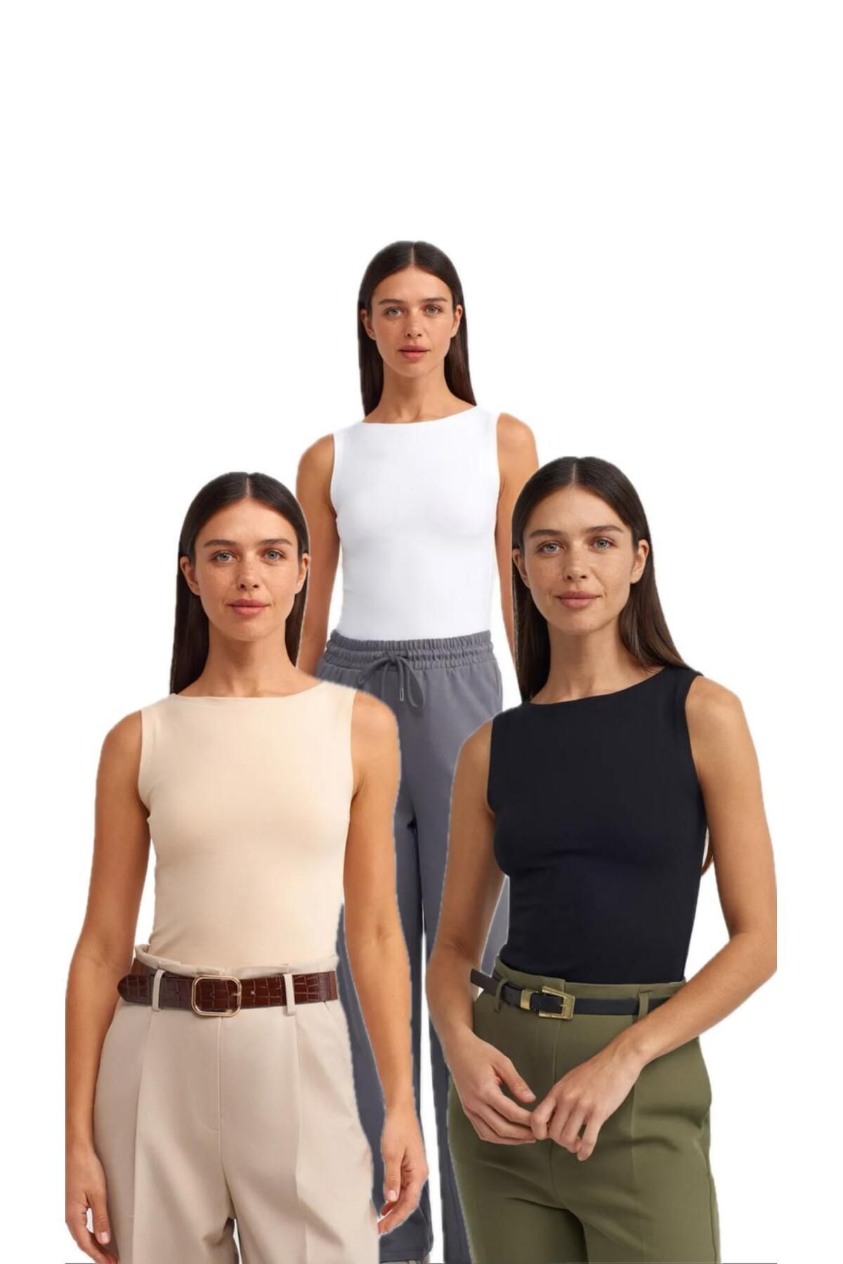 Qimono Kayık Yaka 3'lü Top-Siyah Beyaz Krem 00767