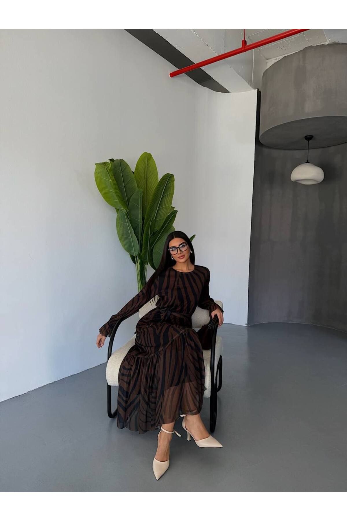 LOU MODA Kadin Zebra Desenli Şifon Elbise Siyah kahverengi