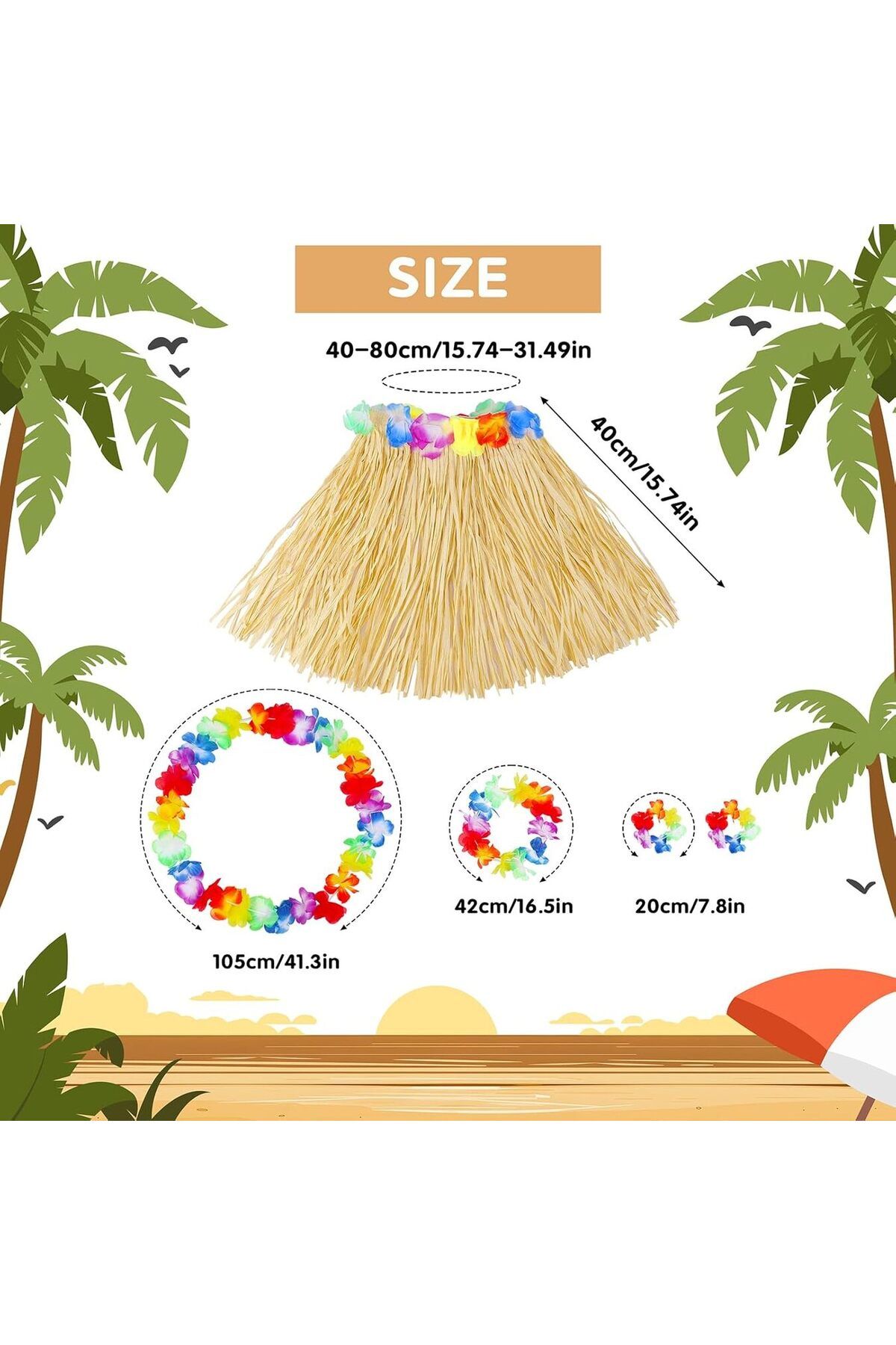Avantaj Kapıda ® Yetişkin Çocuk Hawaii Parti Seti - 40 cm Naturel Etek + Çiçek Aksesuarlar (5 Parça)