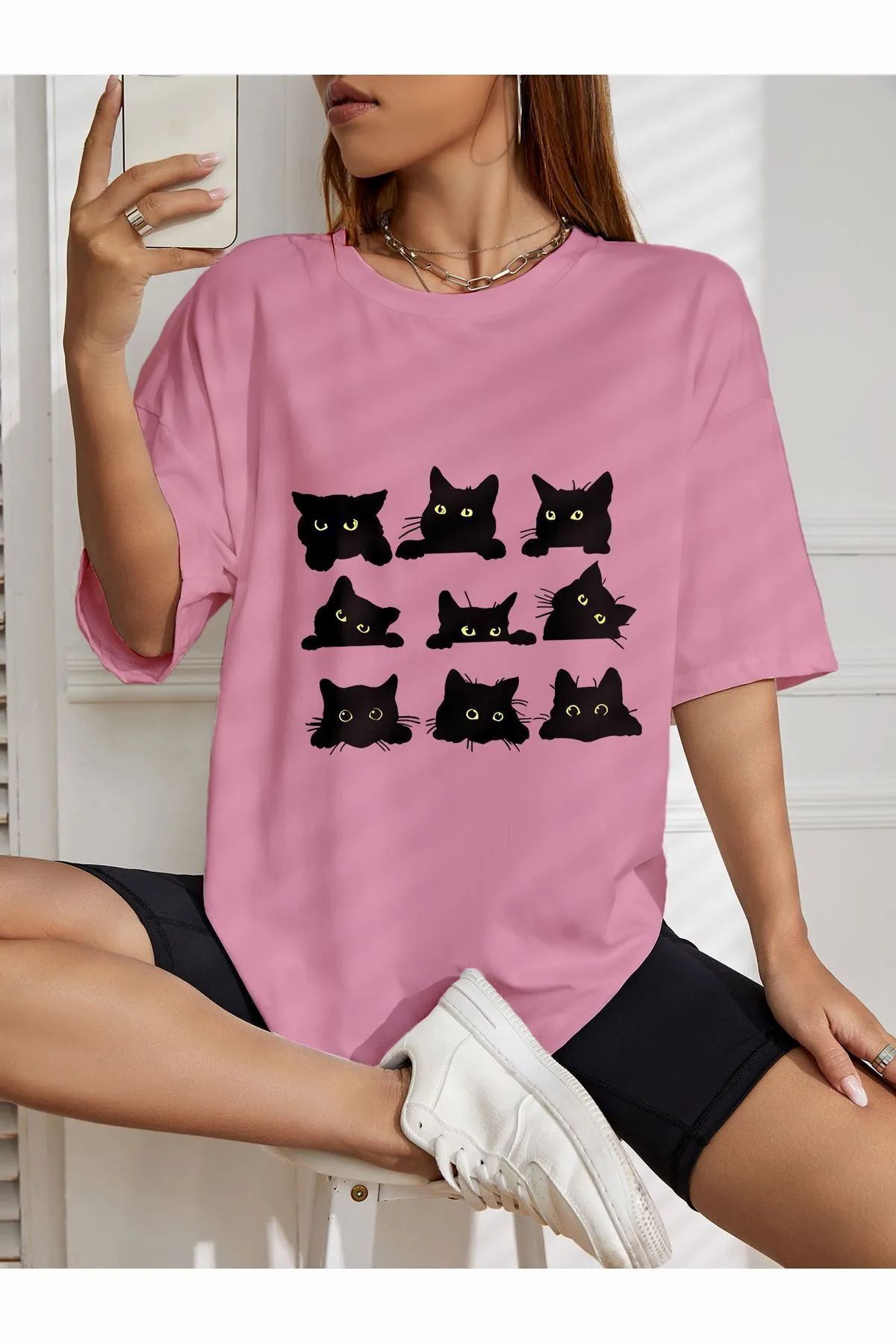 ship master oversize 9 kedi baskılı T-shirt