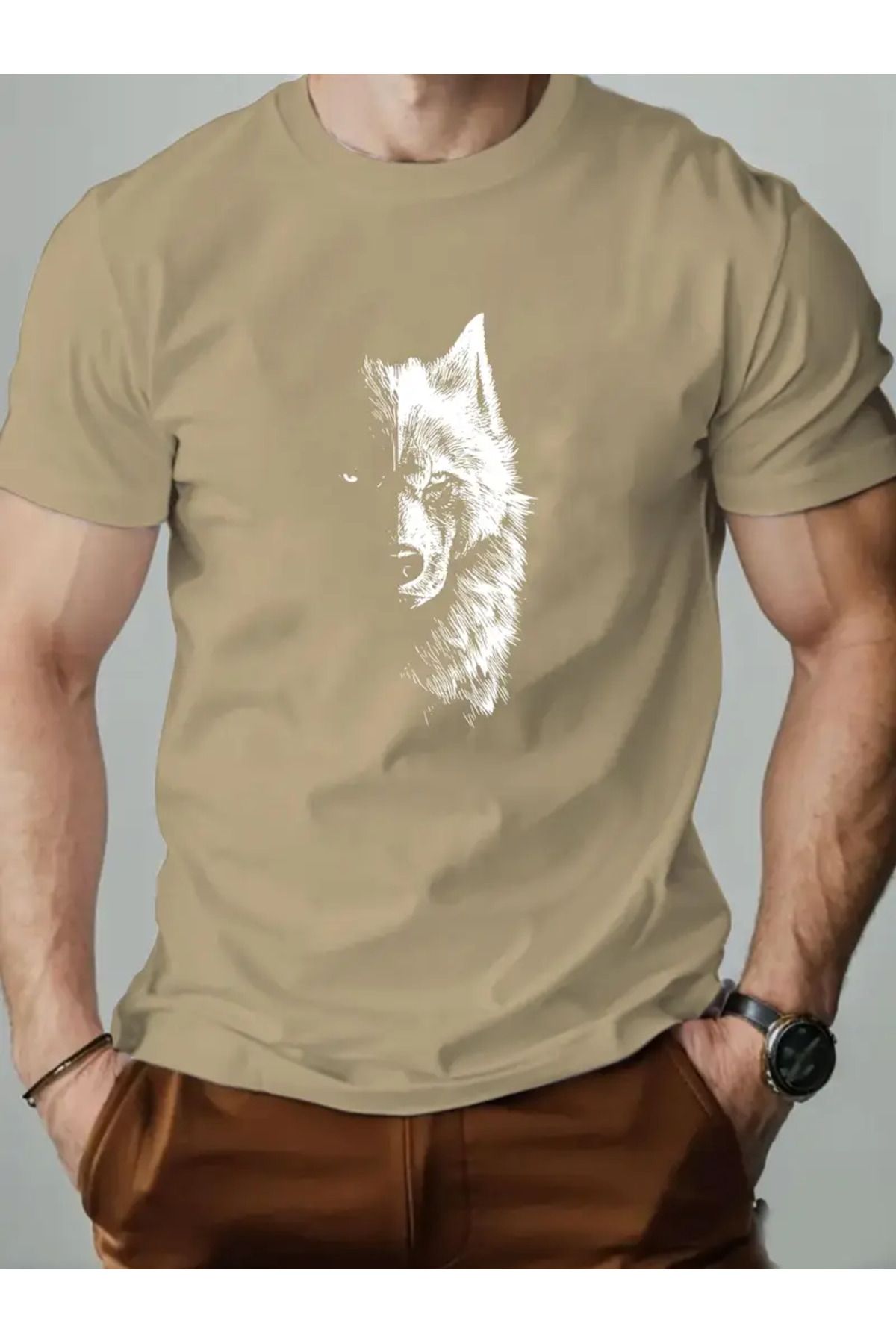 LAND MODA Erkekler için Rahat Yazlık Pamuklu T-Shirt Yarım Kurt Grafik Baskılı - Yuvarlak