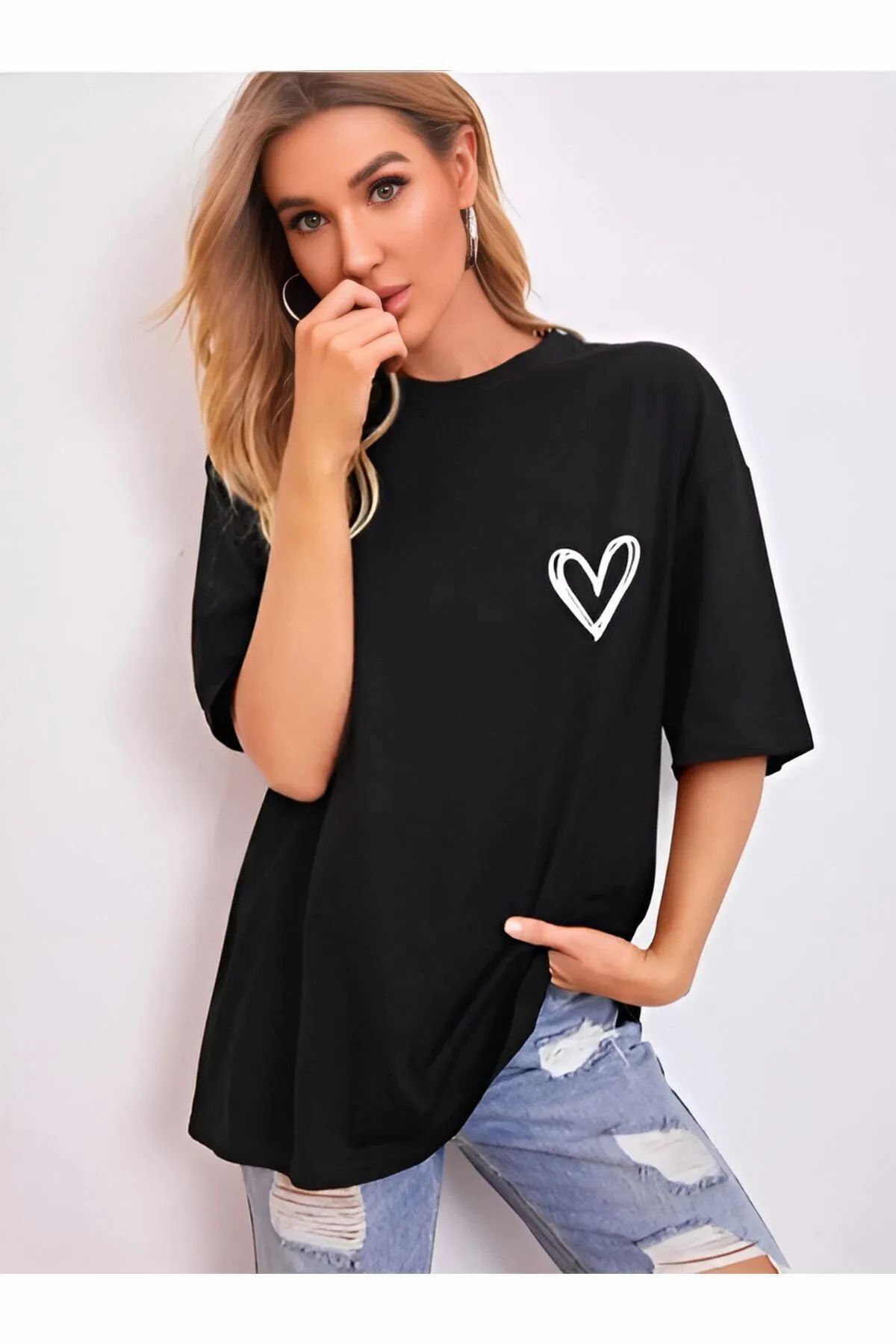 ship master Minimal Kalp Baskılı Beyaz Oversize Tshirt