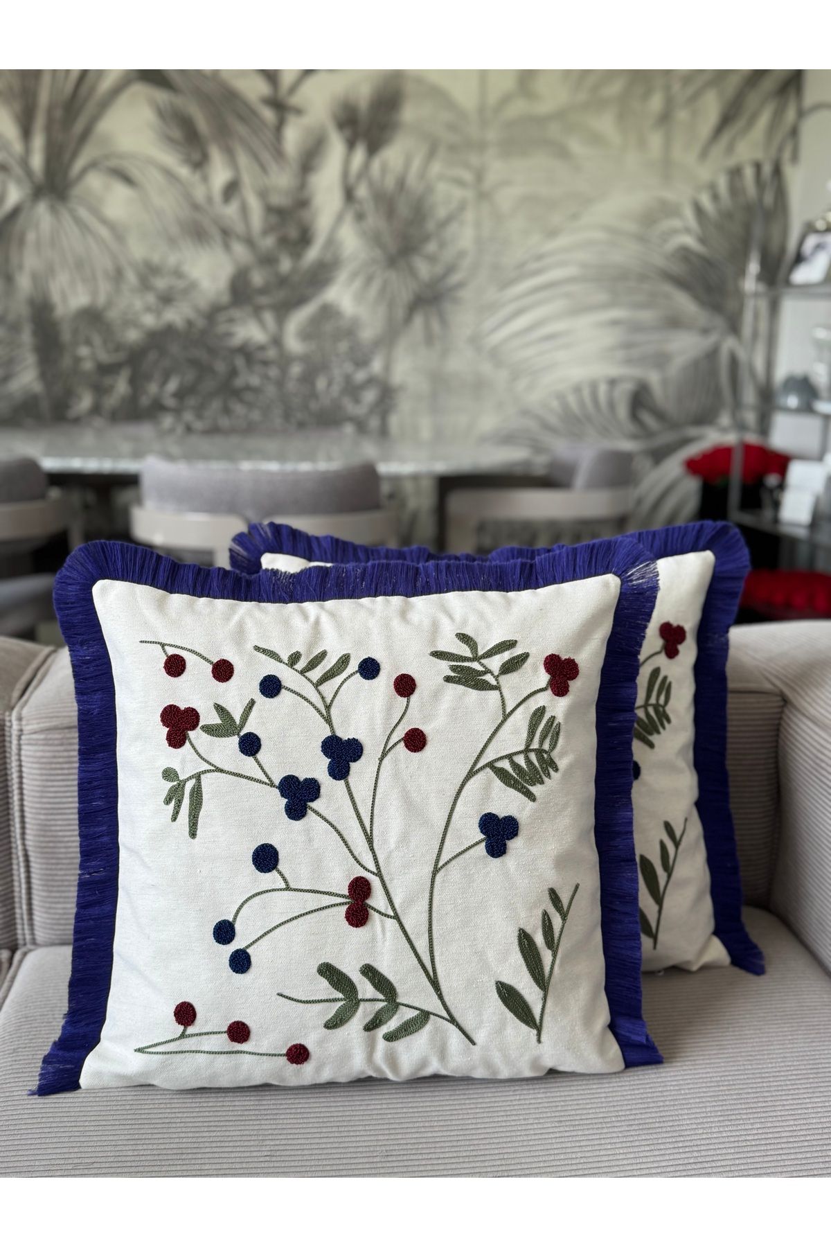 Skhome Üzüm Dalı Punch İşlemeli Saçaklı Kırlent Kılıfı 1 Adet 43x43cm(SPNC-12)