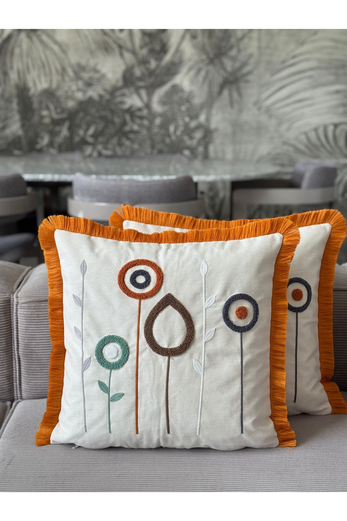 Skhome Geometrik Punch İşlemeli Saçaklı Kırlent Kılıfı 1 Adet 43x43cm(SPNC-08)