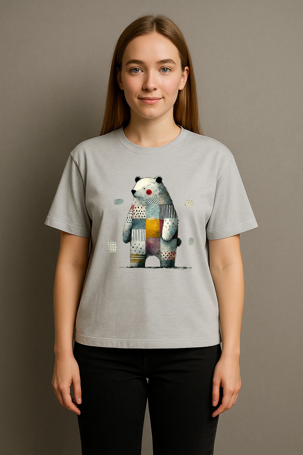 wolka Patchwork Kutup Ayısı Baskılı Unisex %100 Pamuk Oversize Bisiklet Yaka Gri T-shirt
